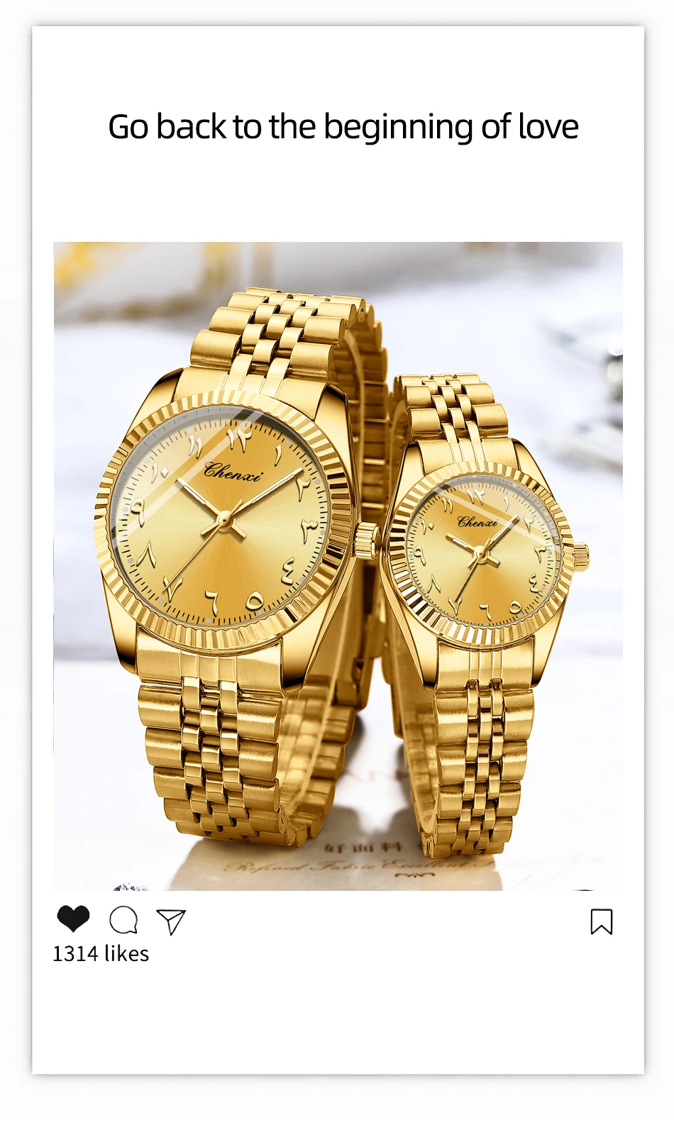 CHENXI 0042 Fashion Couple Lover's Watches 1Piece Stainless Steel Waterproof Luminous Quartz Wristwatch For Lover Women Men