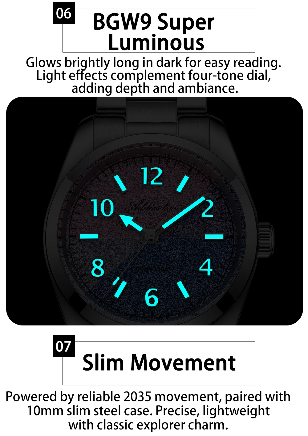 ADDIESDIVE AD2555 Couple's Watches Sapphire Glass BGW9 Super Luminous Wristwatches for Couple Waterproof Stainless Steel Watch