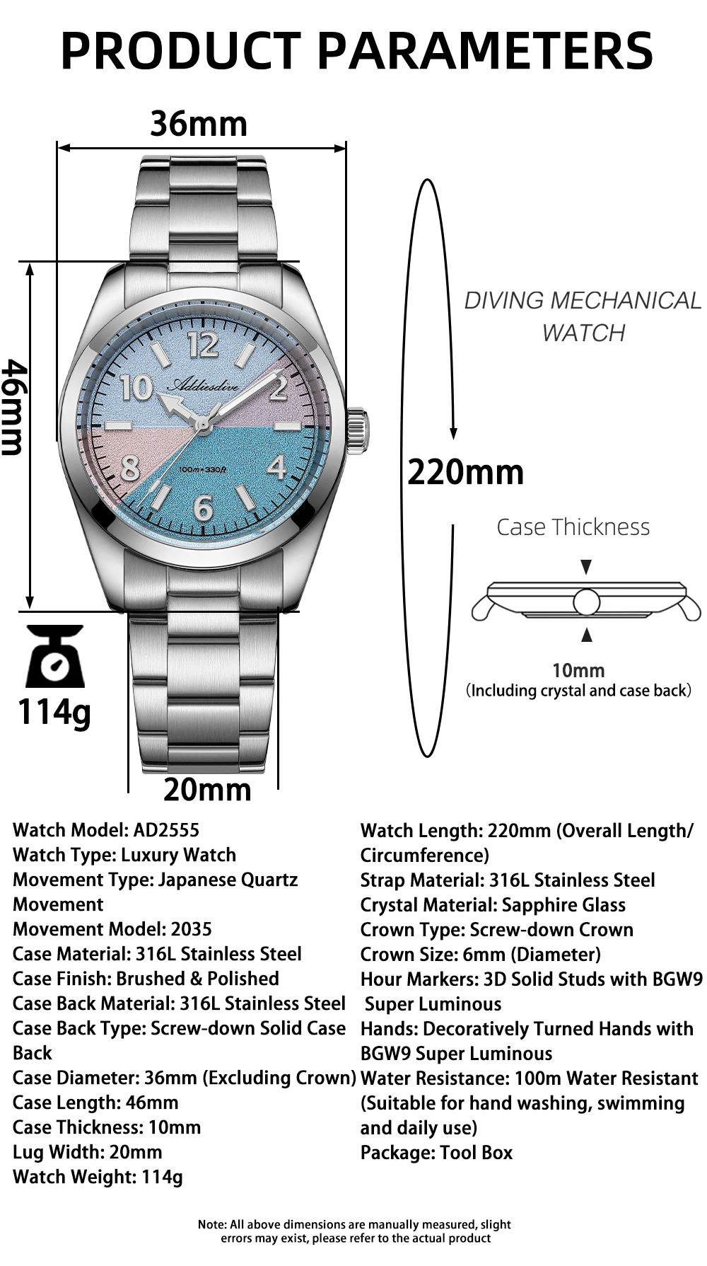 ADDIESDIVE AD2555 Couple's Watches Sapphire Glass BGW9 Super Luminous Wristwatches for Couple Waterproof Stainless Steel Watch