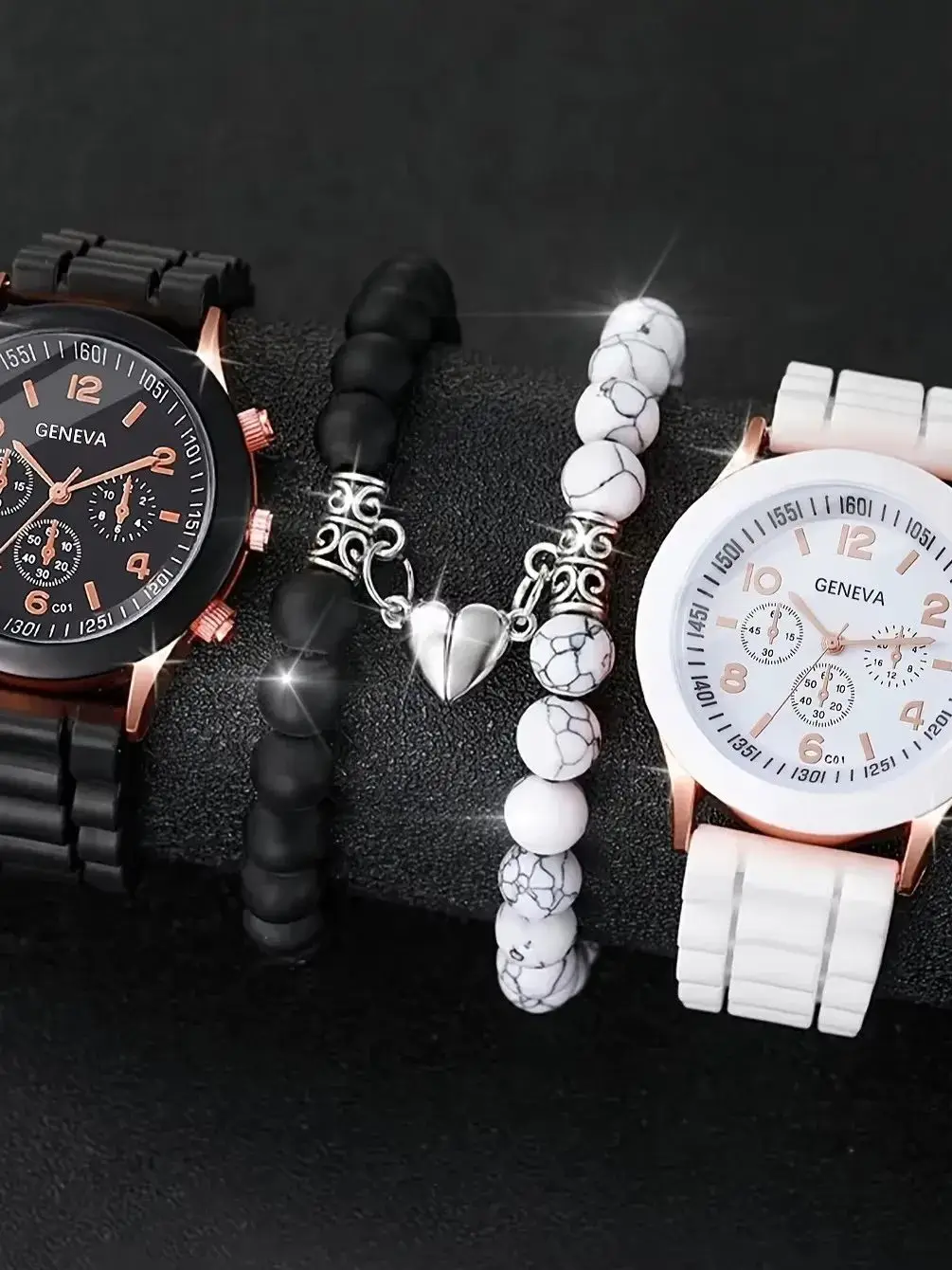 4pcs Fashionable, Minimalist, and Versatile Men AND WOMEN'S Couple Watch Pairing with Love Bead Bracelet Set
