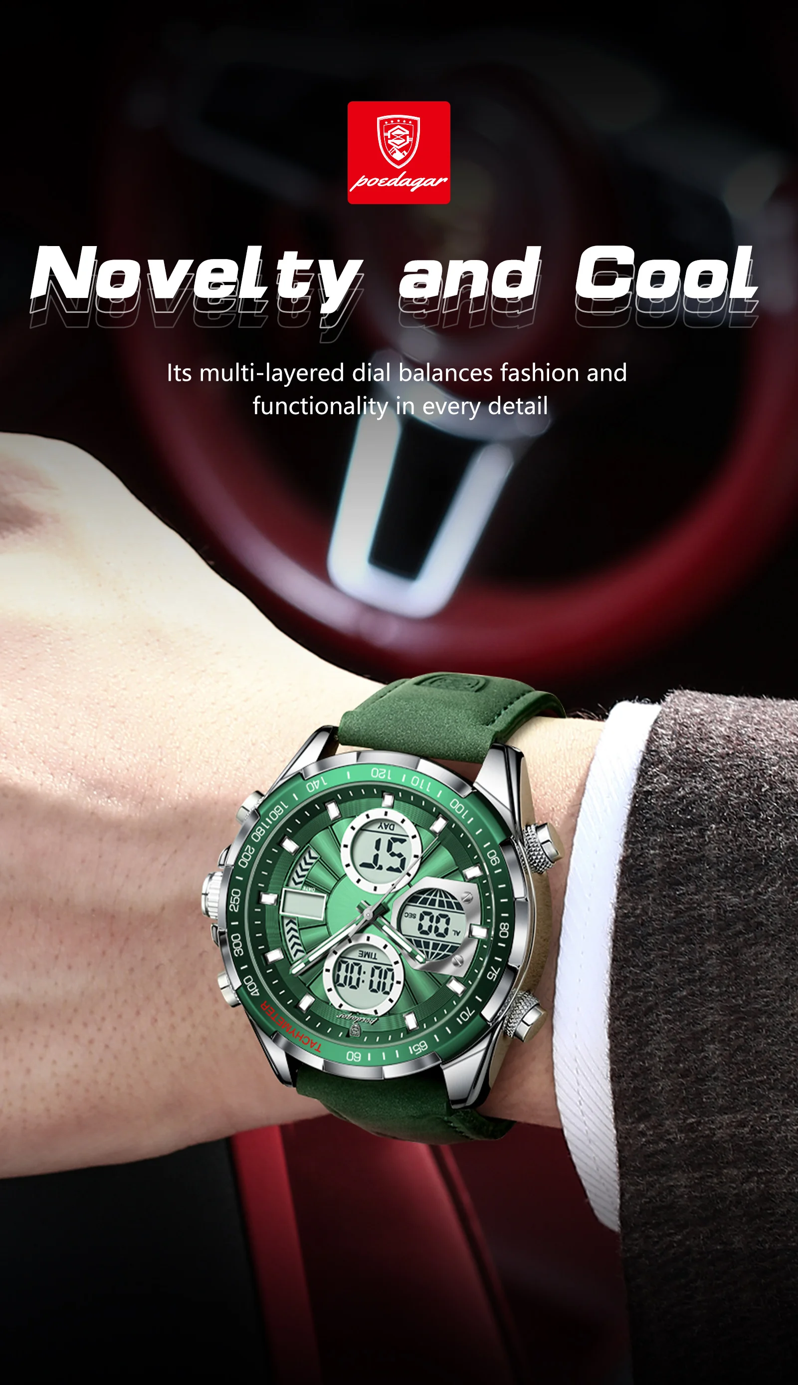 POEDAGAR Fashion Men Wristwatch Week Date Digital LED Quartz Man Clock Alarm Dual Time Display Electronic Luminous Men's Watches