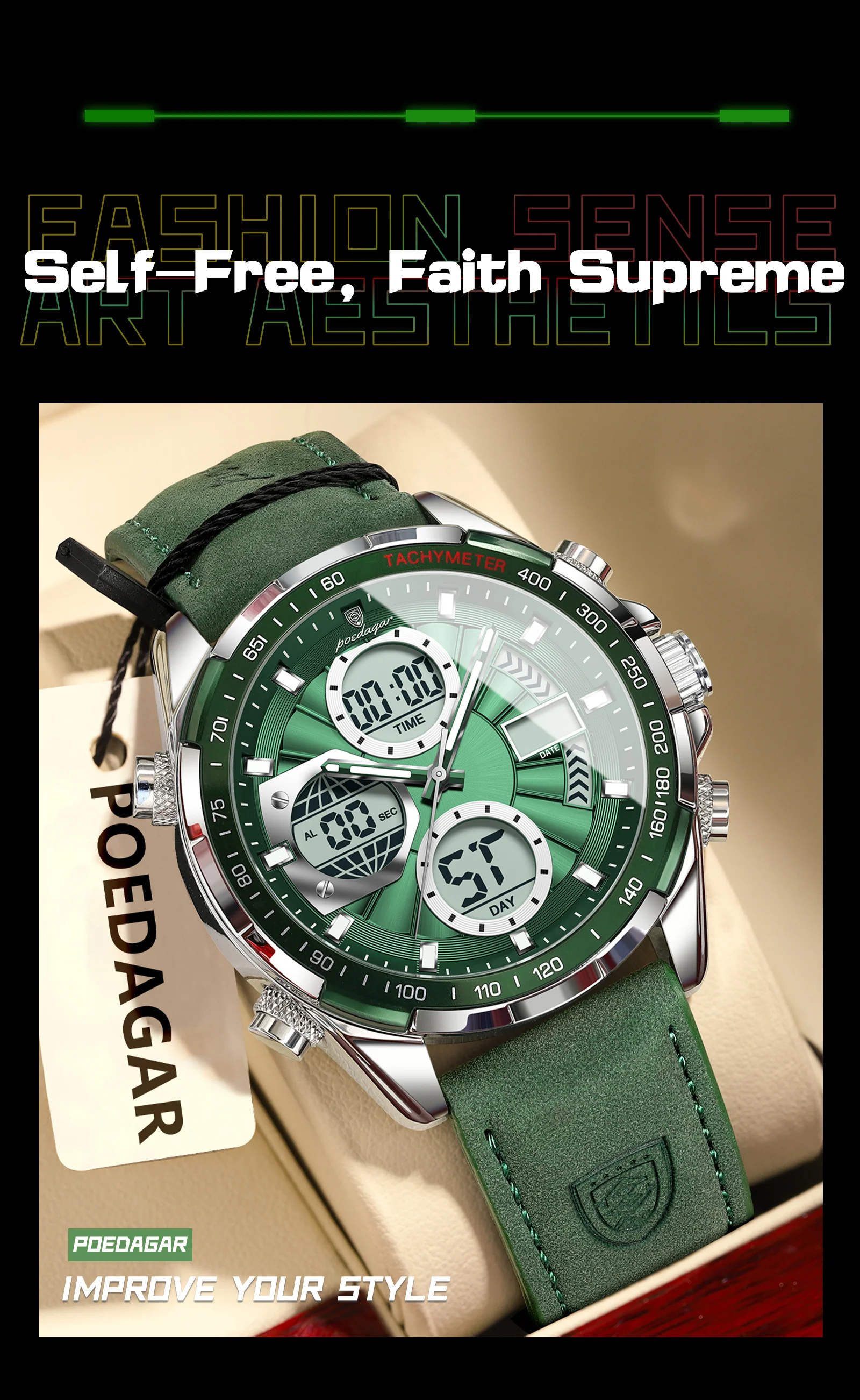 POEDAGAR Fashion Men Wristwatch Week Date Digital LED Quartz Man Clock Alarm Dual Time Display Electronic Luminous Men's Watches
