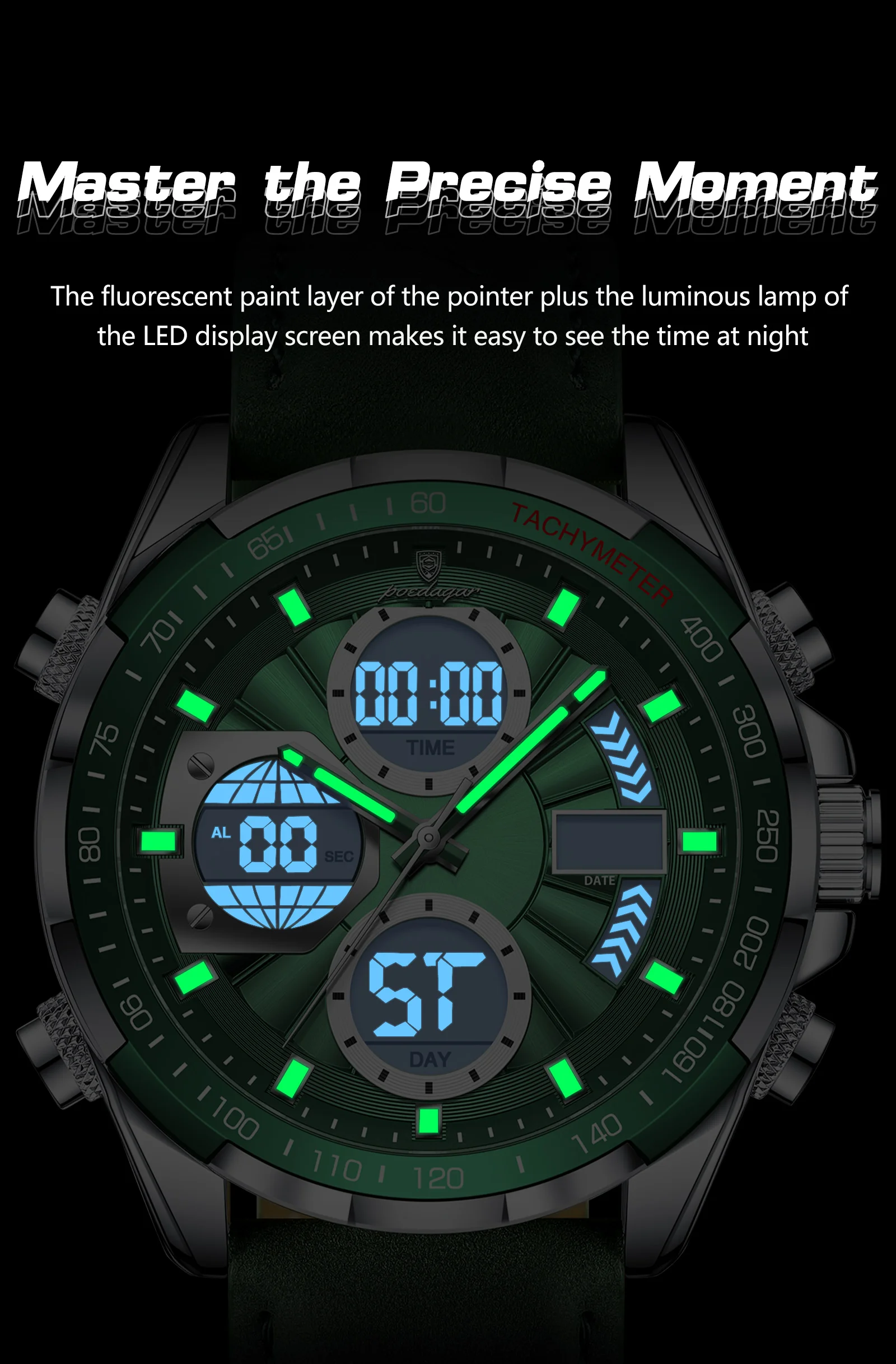 POEDAGAR Fashion Men Wristwatch Week Date Digital LED Quartz Man Clock Alarm Dual Time Display Electronic Luminous Men's Watches