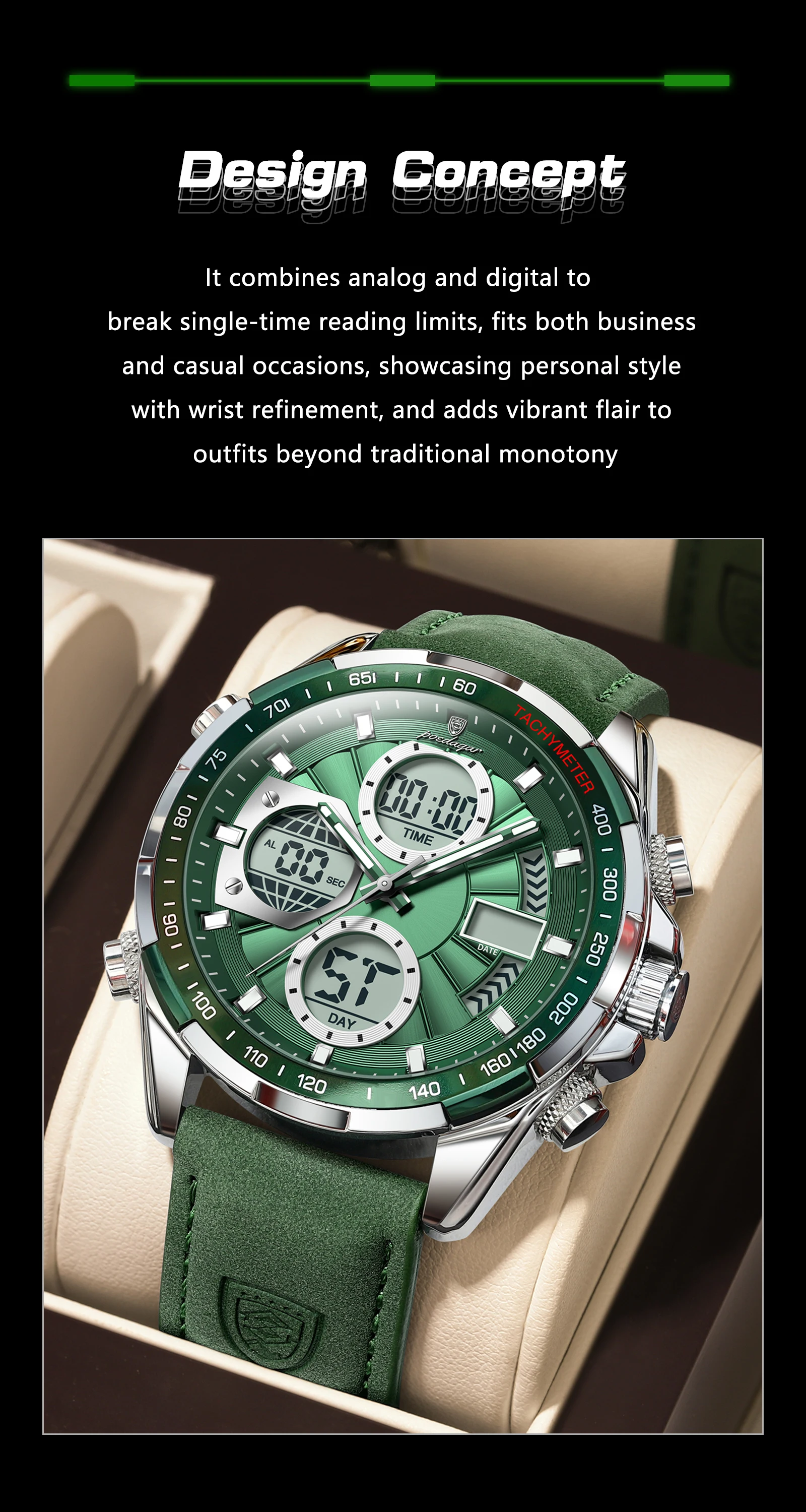 POEDAGAR Fashion Men Wristwatch Week Date Digital LED Quartz Man Clock Alarm Dual Time Display Electronic Luminous Men's Watches