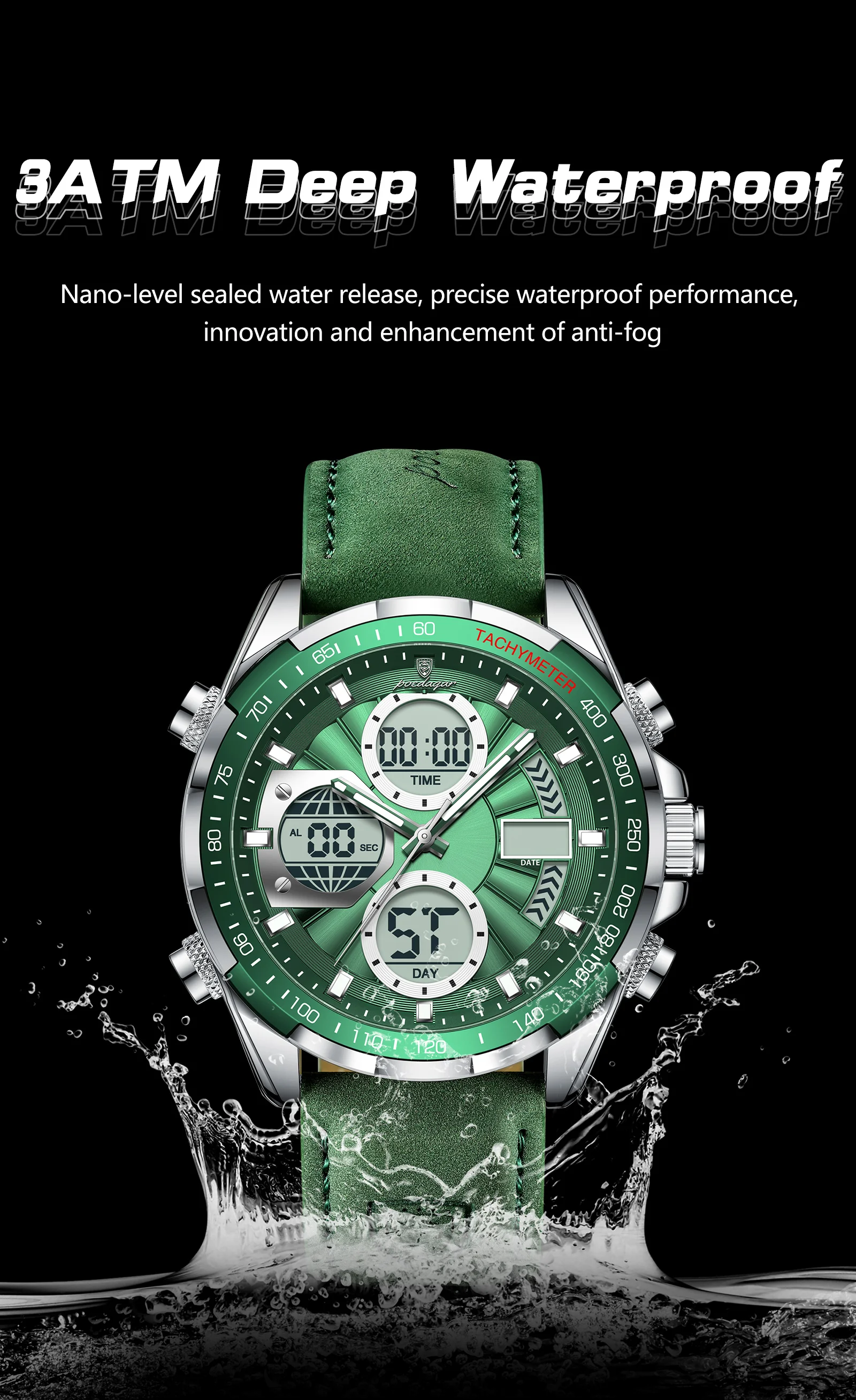 POEDAGAR Fashion Men Wristwatch Week Date Digital LED Quartz Man Clock Alarm Dual Time Display Electronic Luminous Men's Watches