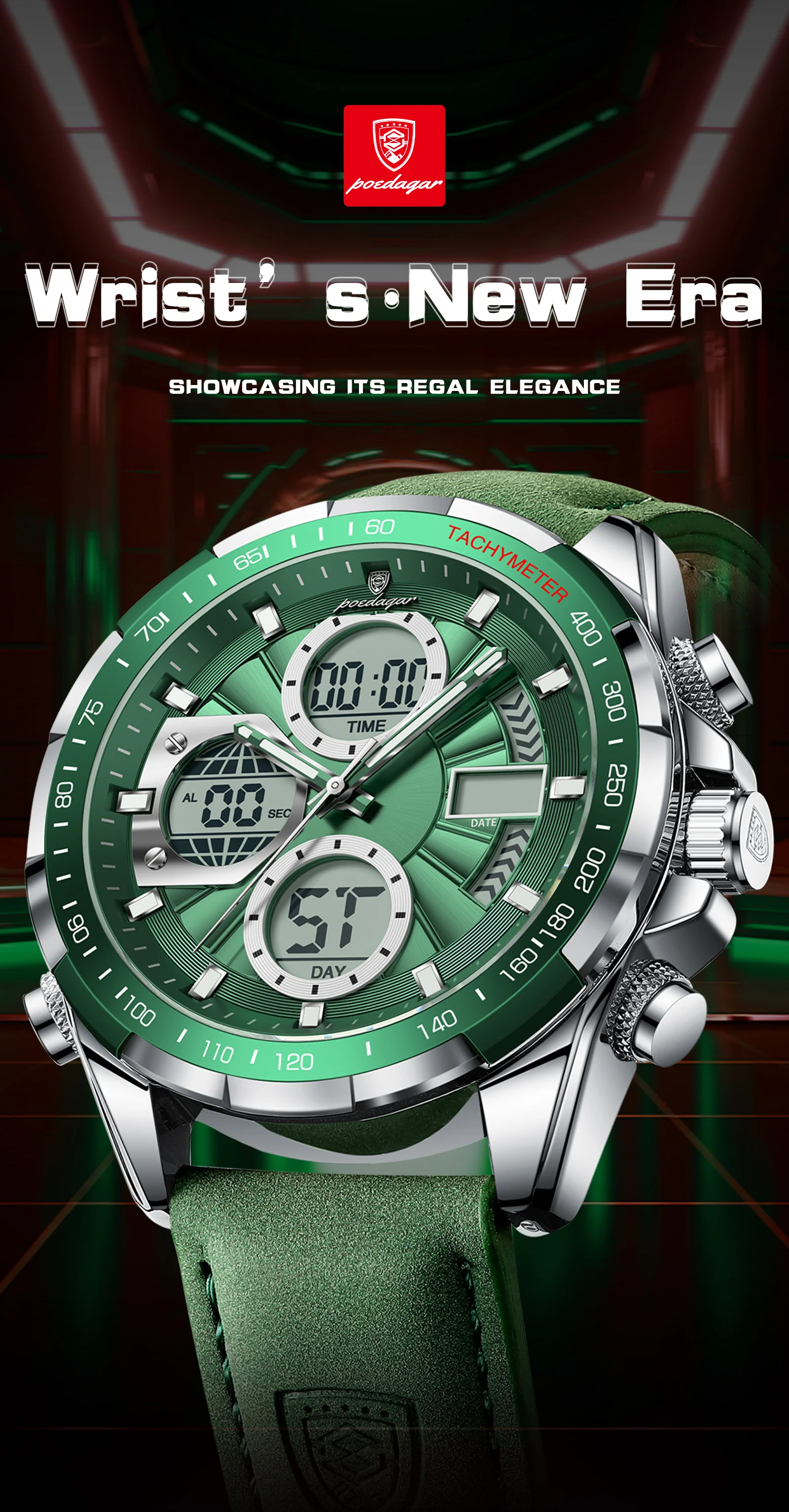 POEDAGAR Fashion Men Wristwatch Week Date Digital LED Quartz Man Clock Alarm Dual Time Display Electronic Luminous Men's Watches