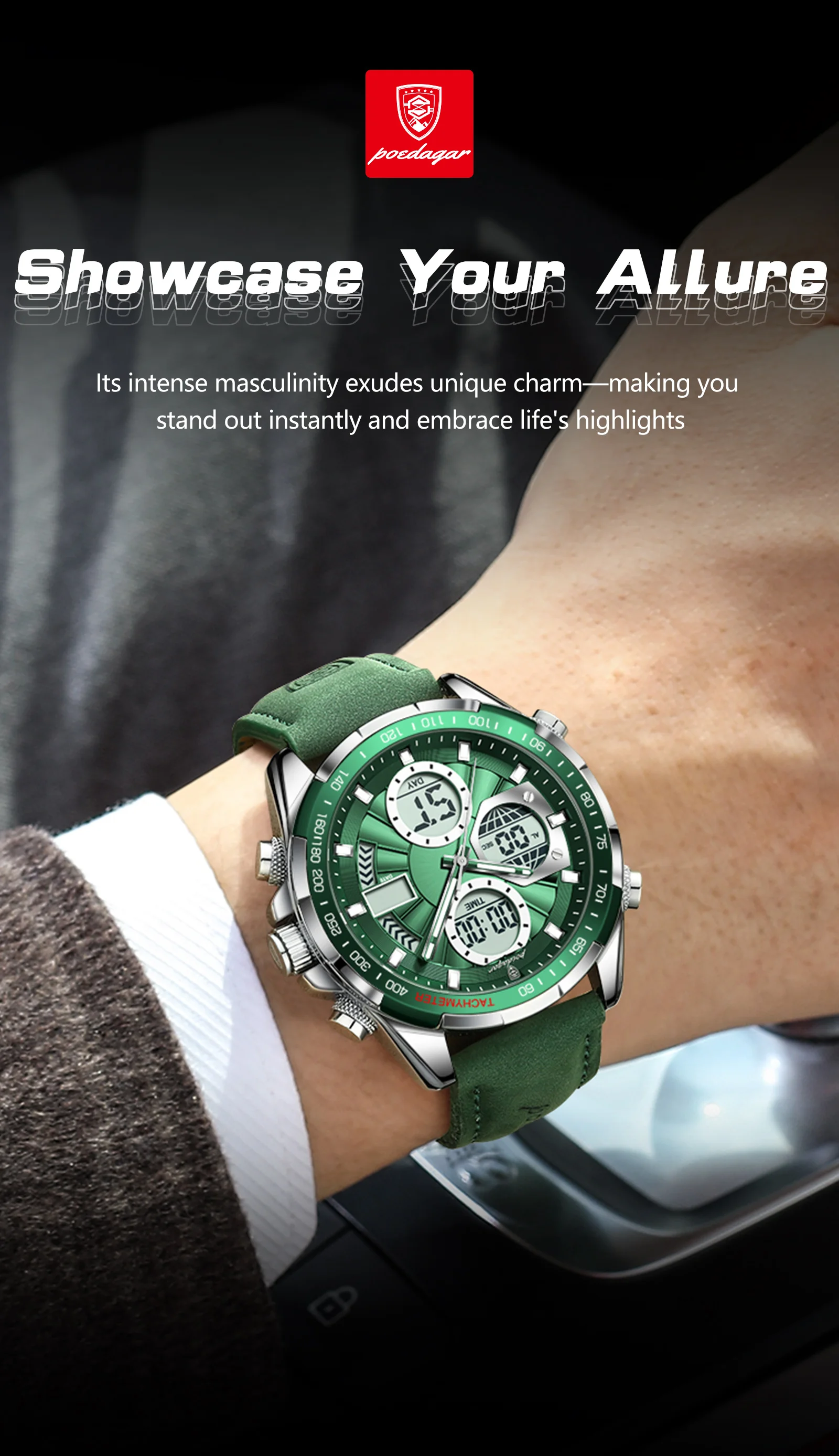 POEDAGAR Fashion Men Wristwatch Week Date Digital LED Quartz Man Clock Alarm Dual Time Display Electronic Luminous Men's Watches