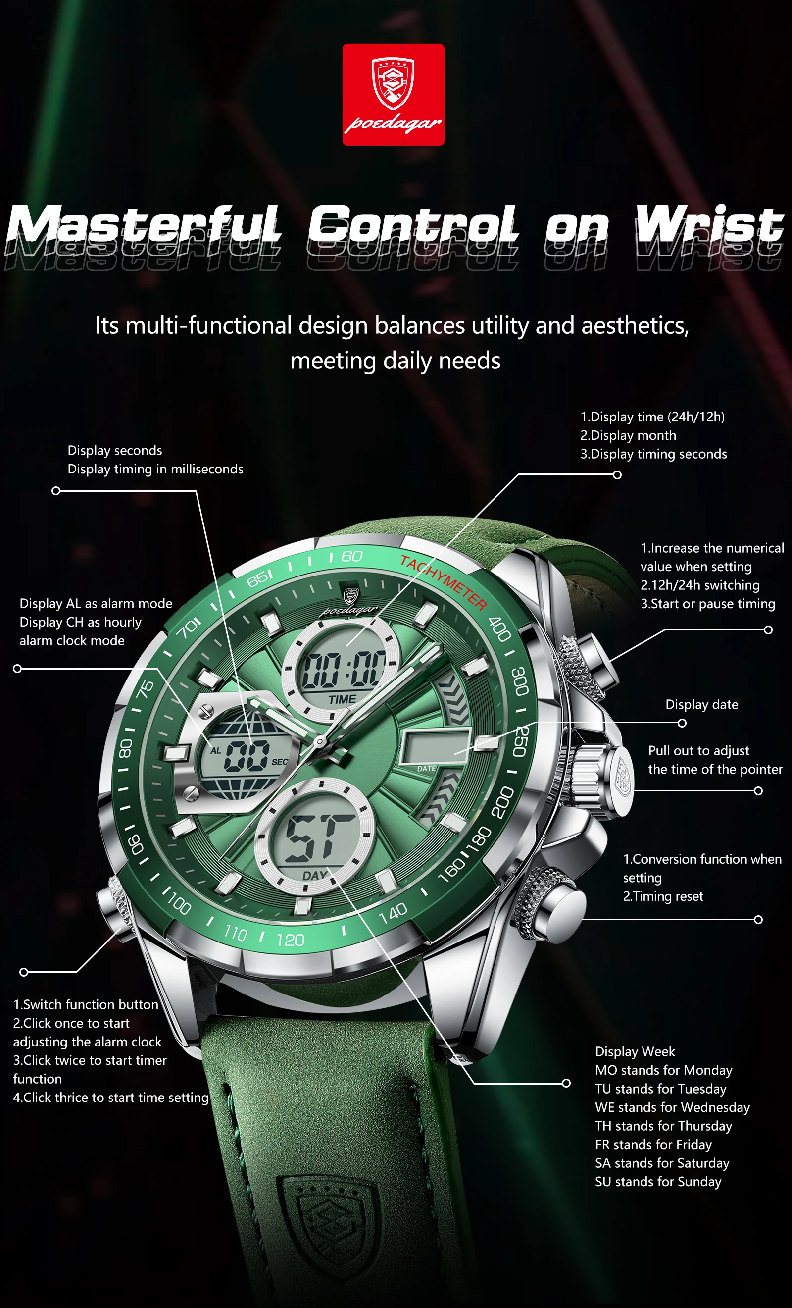 POEDAGAR Fashion Men Wristwatch Week Date Digital LED Quartz Man Clock Alarm Dual Time Display Electronic Luminous Men's Watches