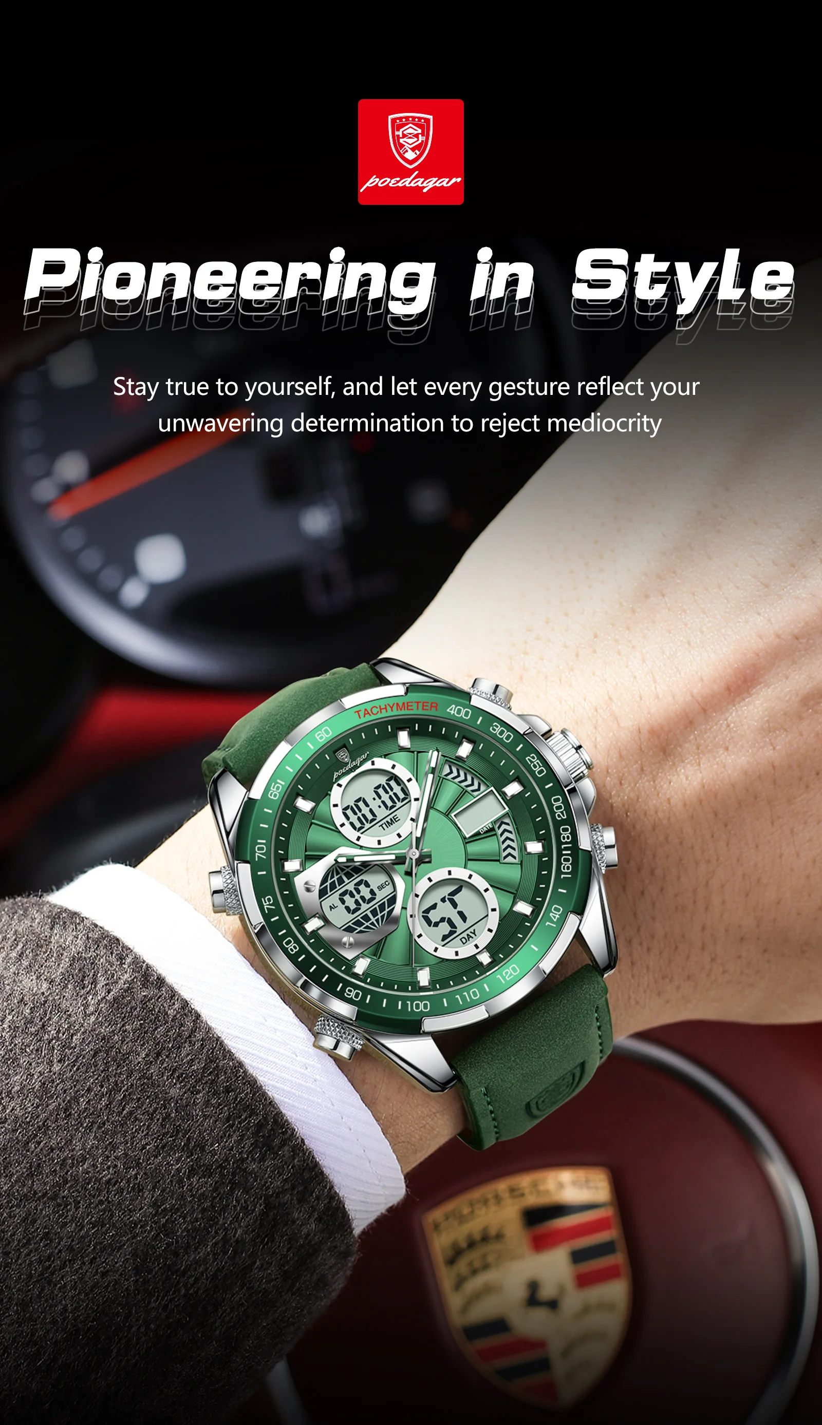 POEDAGAR Fashion Men Wristwatch Week Date Digital LED Quartz Man Clock Alarm Dual Time Display Electronic Luminous Men's Watches