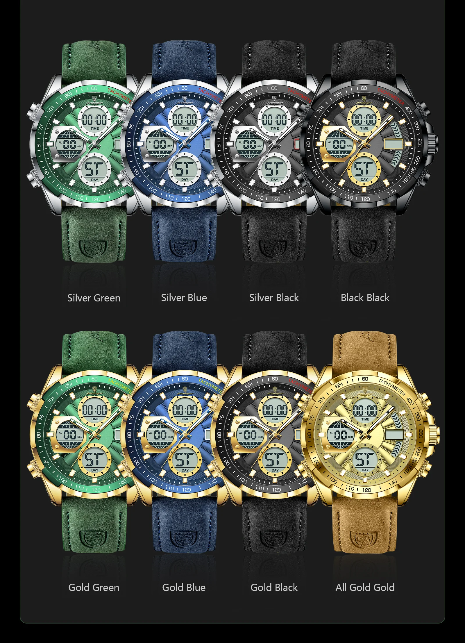 POEDAGAR Fashion Men Wristwatch Week Date Digital LED Quartz Man Clock Alarm Dual Time Display Electronic Luminous Men's Watches