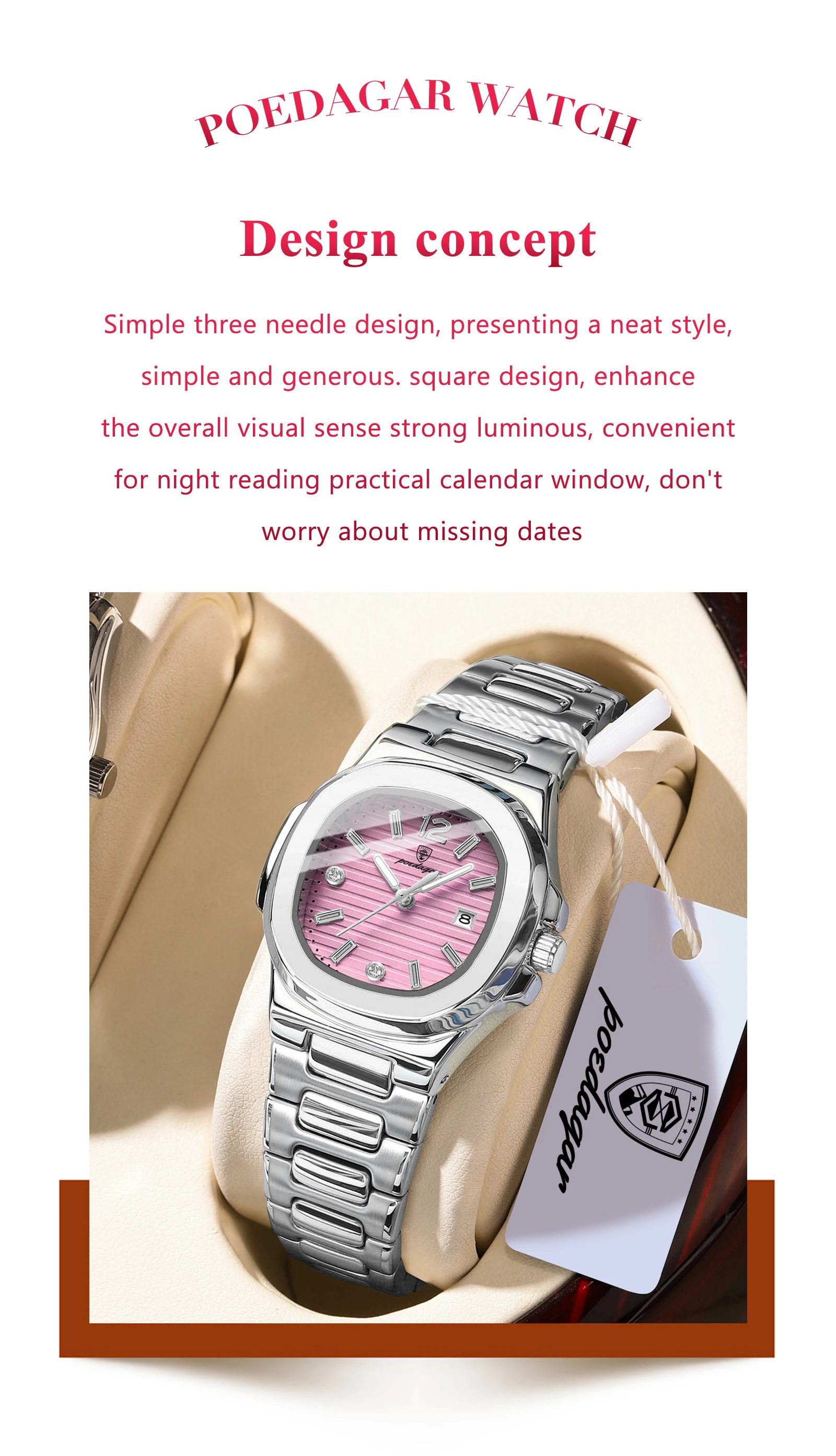 POEDAGAR Square Couple Wristwatch Luminous Waterproof Date Love Watch High Quality Luxury Women's Quartz Watches for girlfriend
