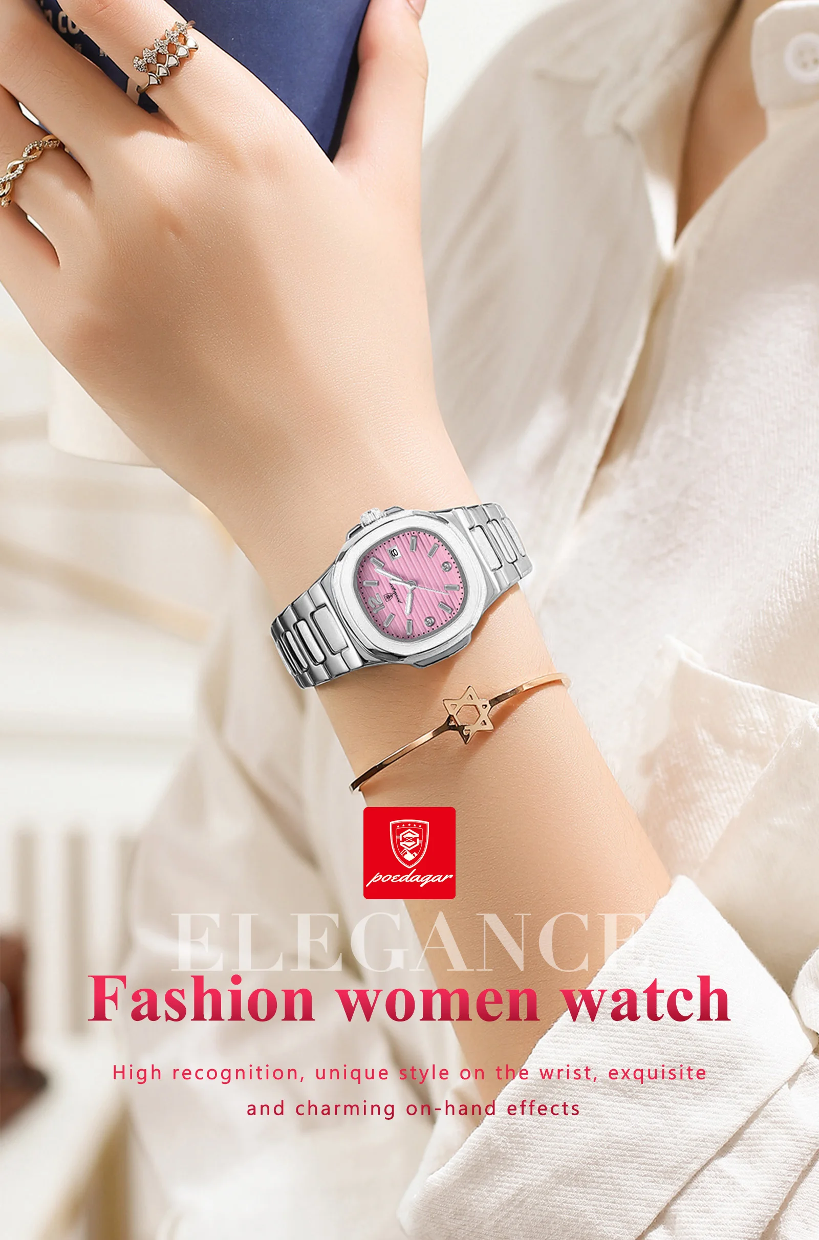 POEDAGAR Square Couple Wristwatch Luminous Waterproof Date Love Watch High Quality Luxury Women's Quartz Watches for girlfriend