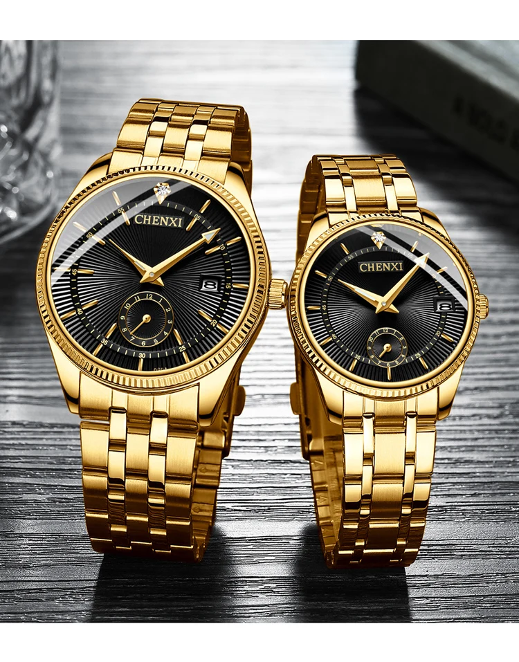CHENXI Top Brand Luxury Golden Quartz Watch for Couple Fashion Creative Women and Men Wristwatch with Calendar Elegant Lady Gift