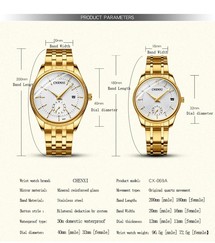 CHENXI Top Brand Luxury Golden Quartz Watch for Couple Fashion Creative Women and Men Wristwatch with Calendar Elegant Lady Gift