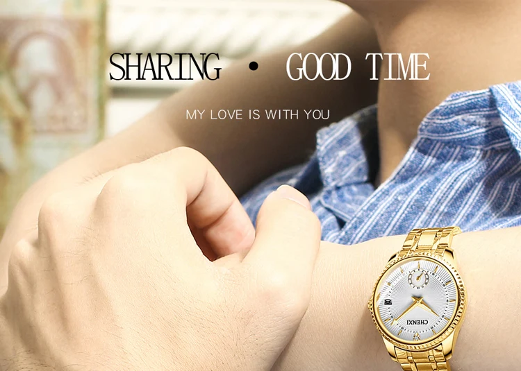 CHENXI Top Brand Luxury Golden Quartz Watch for Couple Fashion Creative Women and Men Wristwatch with Calendar Elegant Lady Gift