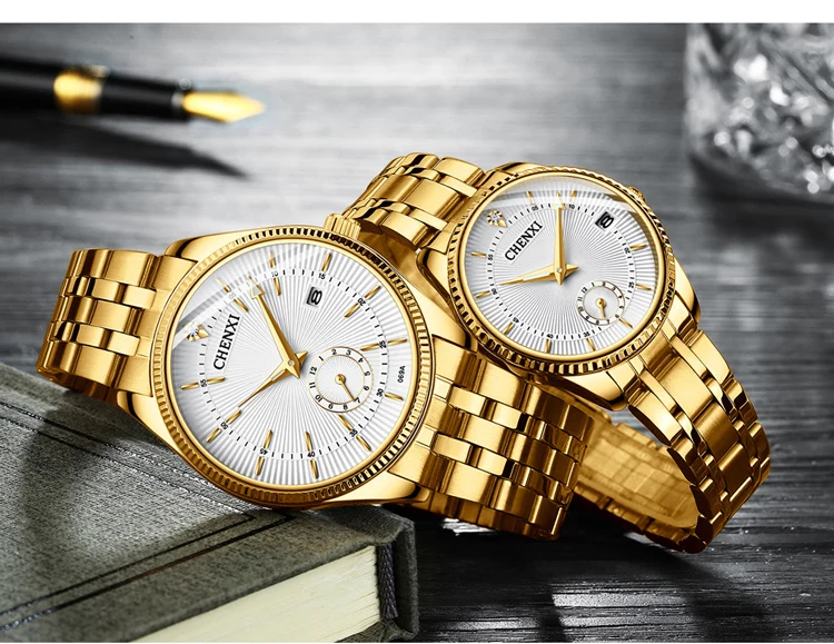CHENXI Top Brand Luxury Golden Quartz Watch for Couple Fashion Creative Women and Men Wristwatch with Calendar Elegant Lady Gift