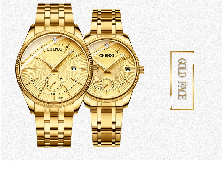 CHENXI Top Brand Luxury Golden Quartz Watch for Couple Fashion Creative Women and Men Wristwatch with Calendar Elegant Lady Gift