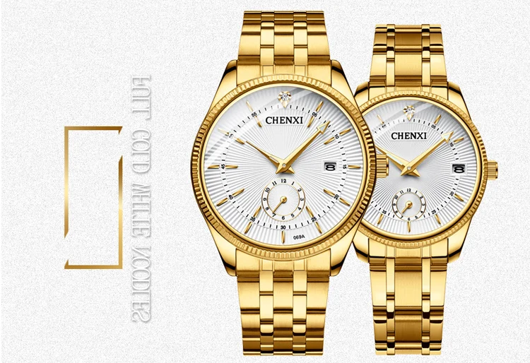 CHENXI Top Brand Luxury Golden Quartz Watch for Couple Fashion Creative Women and Men Wristwatch with Calendar Elegant Lady Gift