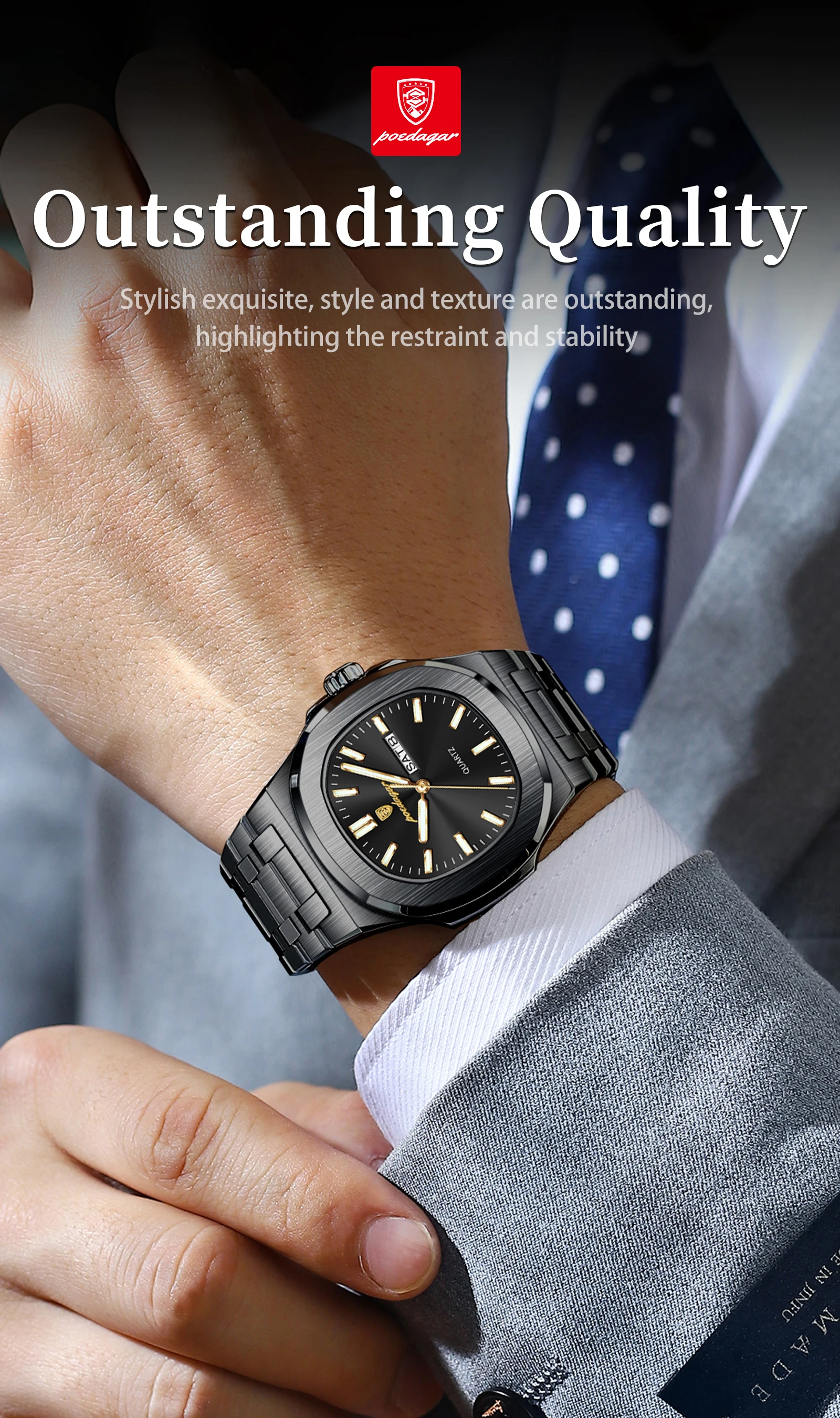 POEDAGAR Couple Watches Square Men's Watches Waterproof Luminous Date Week Stainless Steel Quartz Man Wristwatch with Box Gift