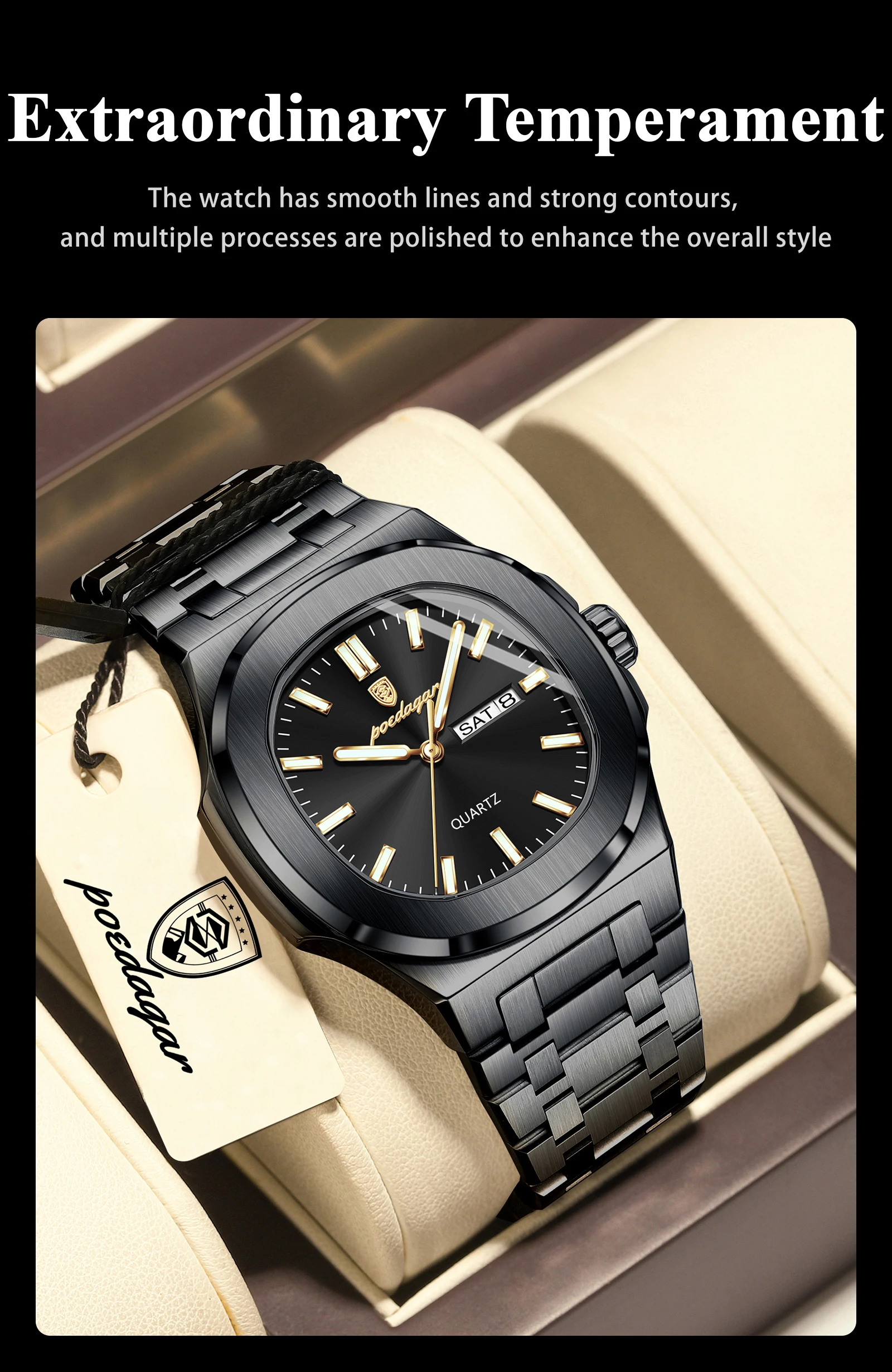 POEDAGAR Couple Watches Square Men's Watches Waterproof Luminous Date Week Stainless Steel Quartz Man Wristwatch with Box Gift