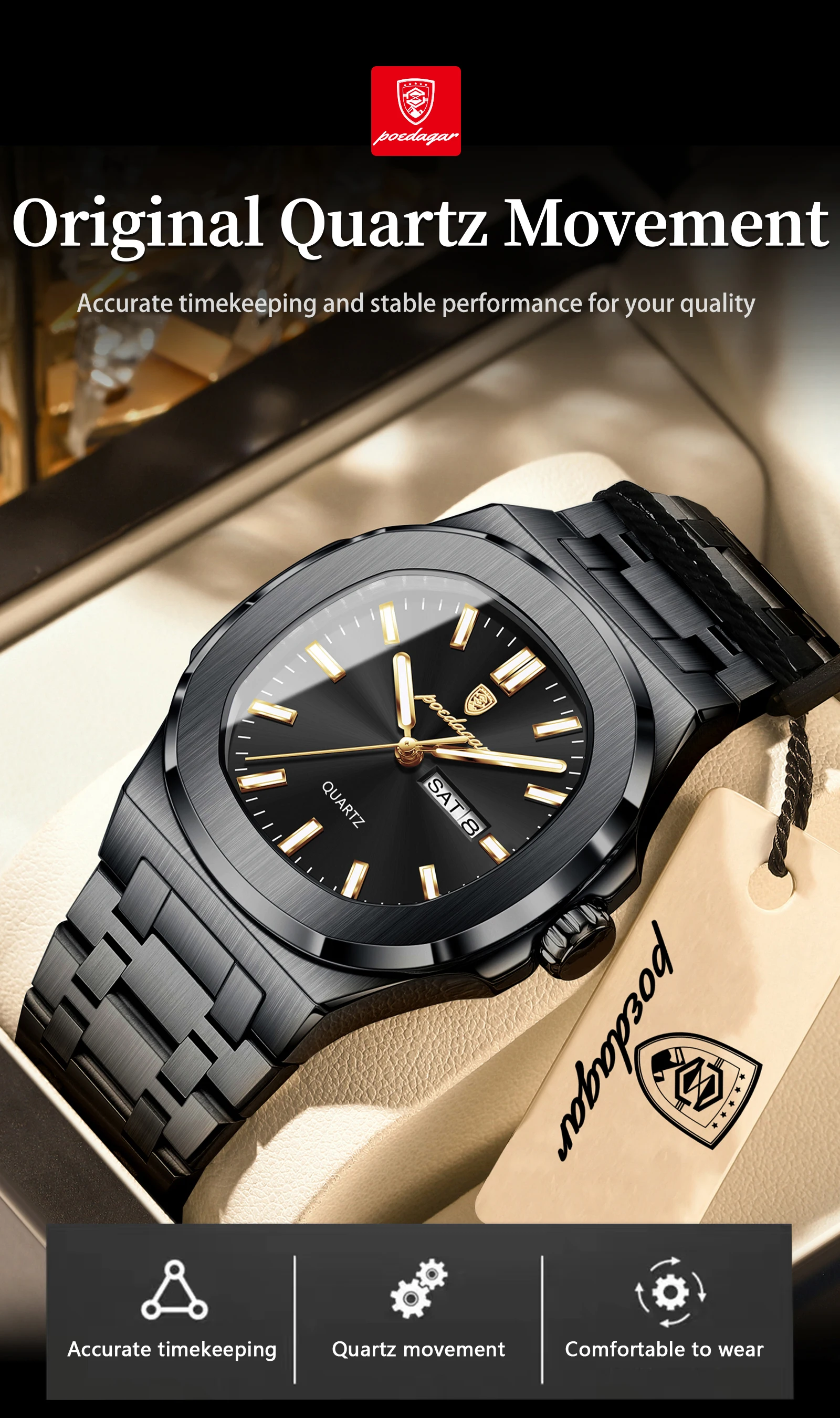 POEDAGAR Couple Watches Square Men's Watches Waterproof Luminous Date Week Stainless Steel Quartz Man Wristwatch with Box Gift