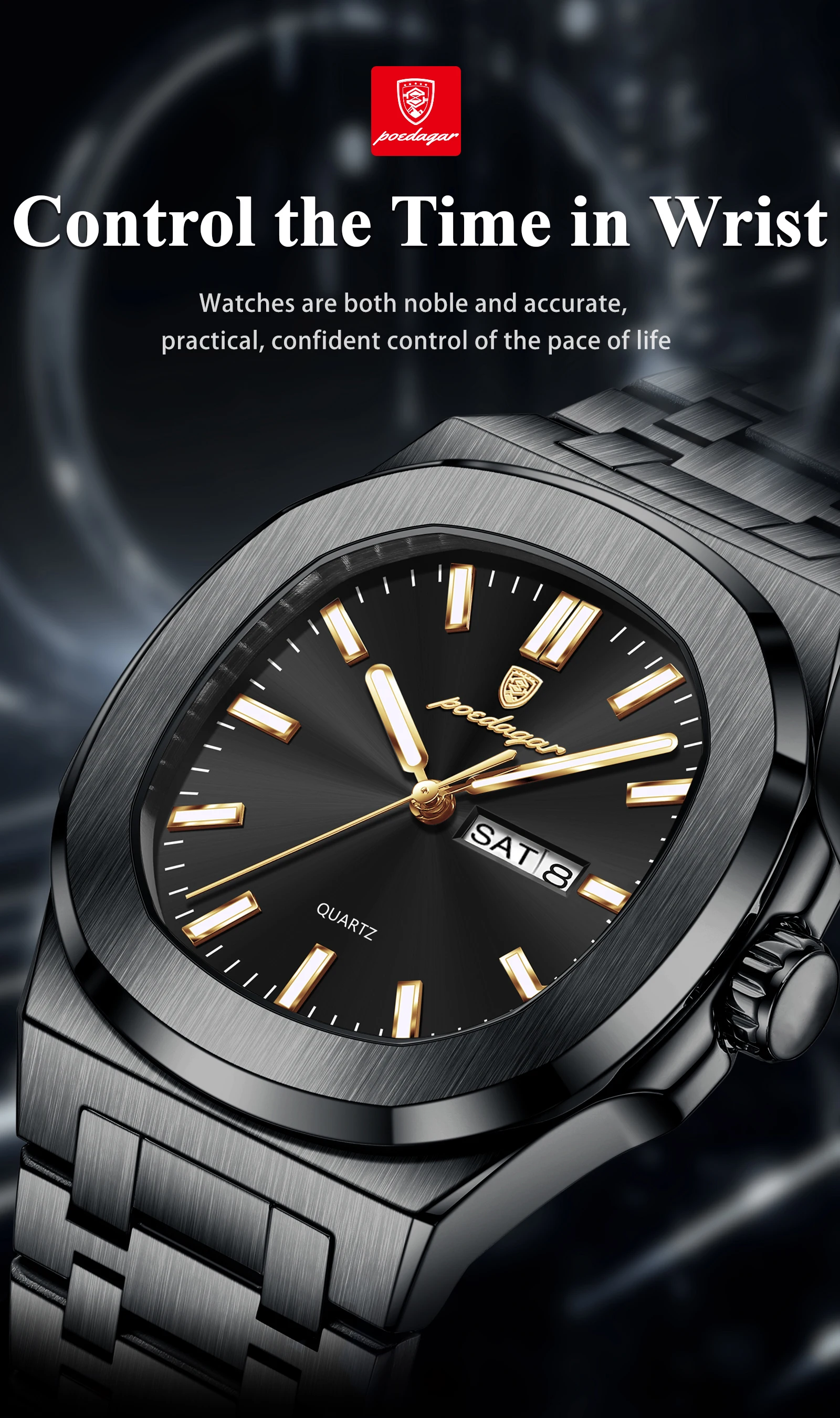 POEDAGAR Couple Watches Square Men's Watches Waterproof Luminous Date Week Stainless Steel Quartz Man Wristwatch with Box Gift