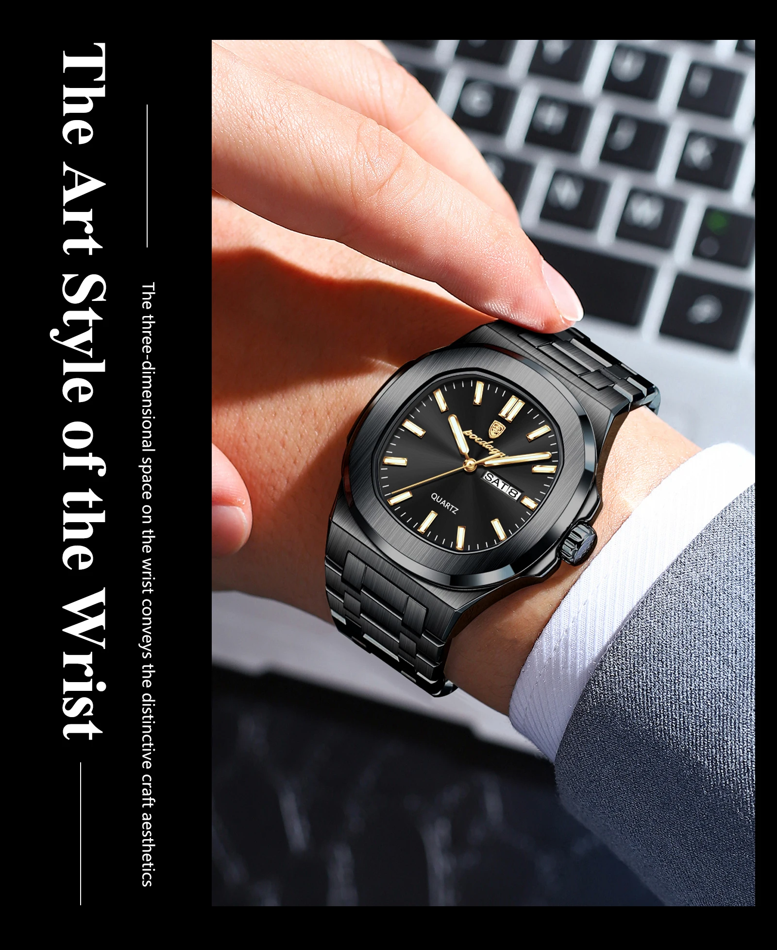POEDAGAR Couple Watches Square Men's Watches Waterproof Luminous Date Week Stainless Steel Quartz Man Wristwatch with Box Gift