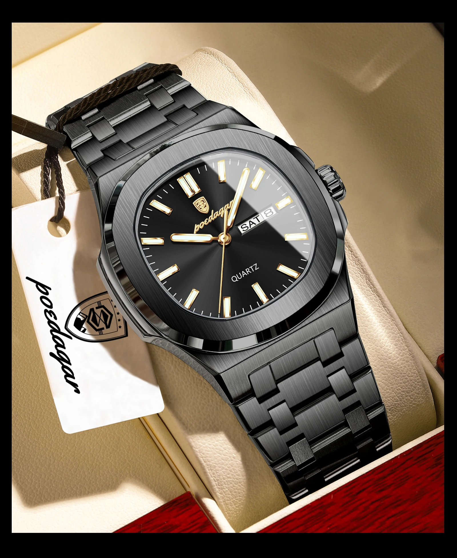 POEDAGAR Couple Watches Square Men's Watches Waterproof Luminous Date Week Stainless Steel Quartz Man Wristwatch with Box Gift