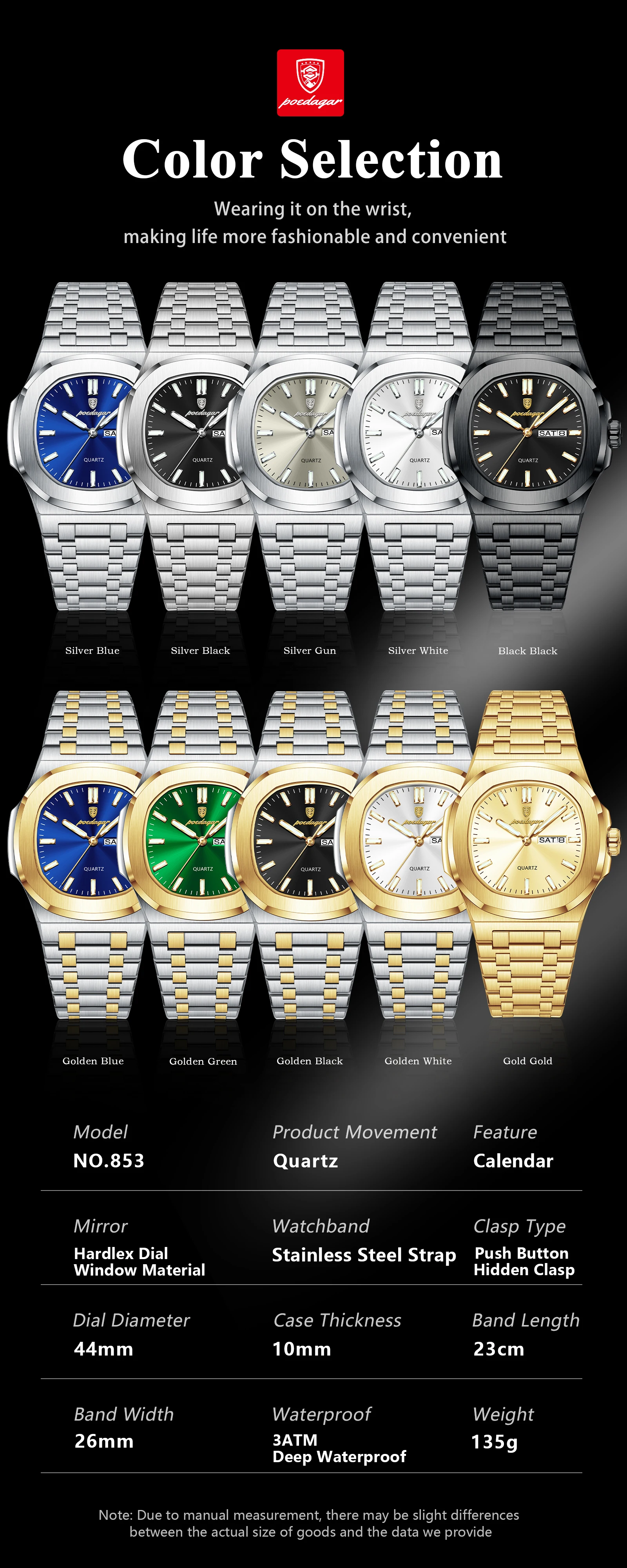 POEDAGAR Couple Watches Square Men's Watches Waterproof Luminous Date Week Stainless Steel Quartz Man Wristwatch with Box Gift
