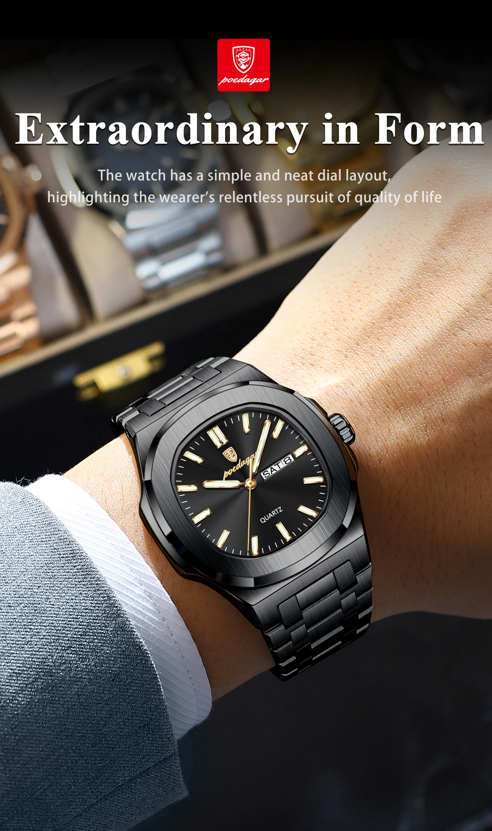 POEDAGAR Couple Watches Square Men's Watches Waterproof Luminous Date Week Stainless Steel Quartz Man Wristwatch with Box Gift