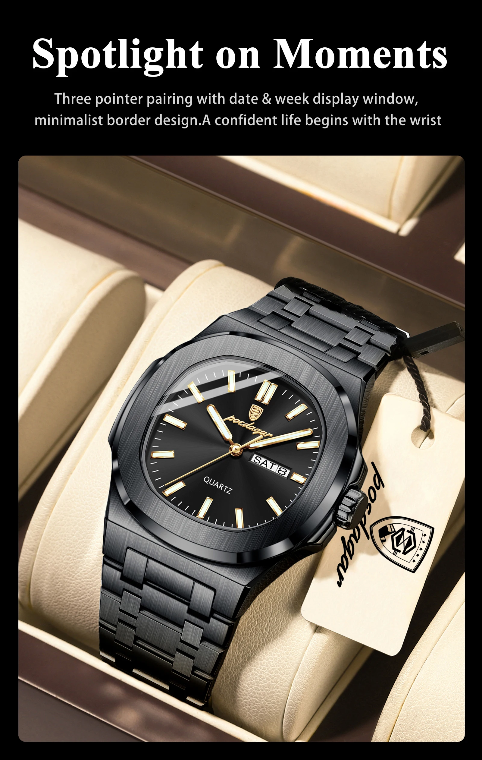 POEDAGAR Couple Watches Square Men's Watches Waterproof Luminous Date Week Stainless Steel Quartz Man Wristwatch with Box Gift