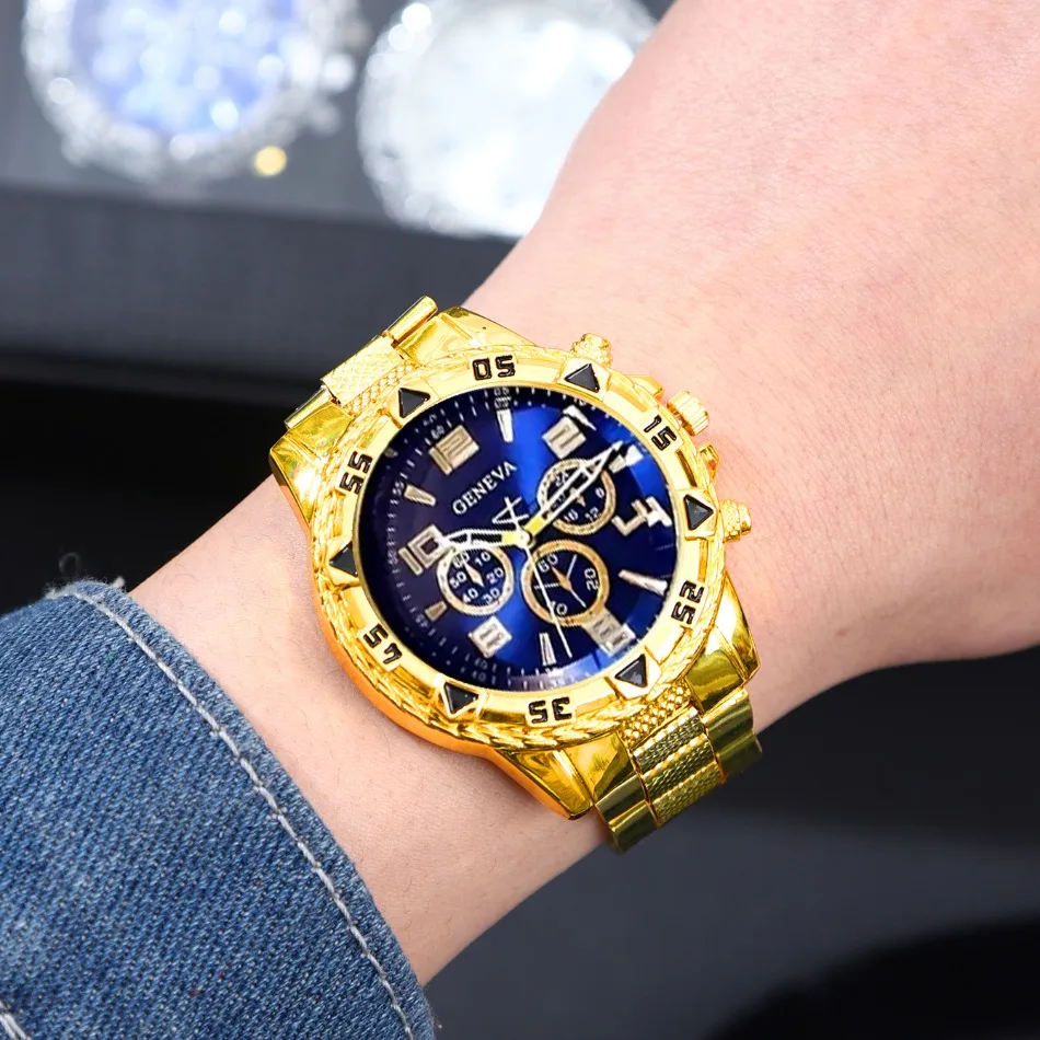 Business Men's Casual Quartz Watches Sets Analog Golden & Silvery Alloy Strap Classic Mens Wrist Watch Sets, Gifts for Men.