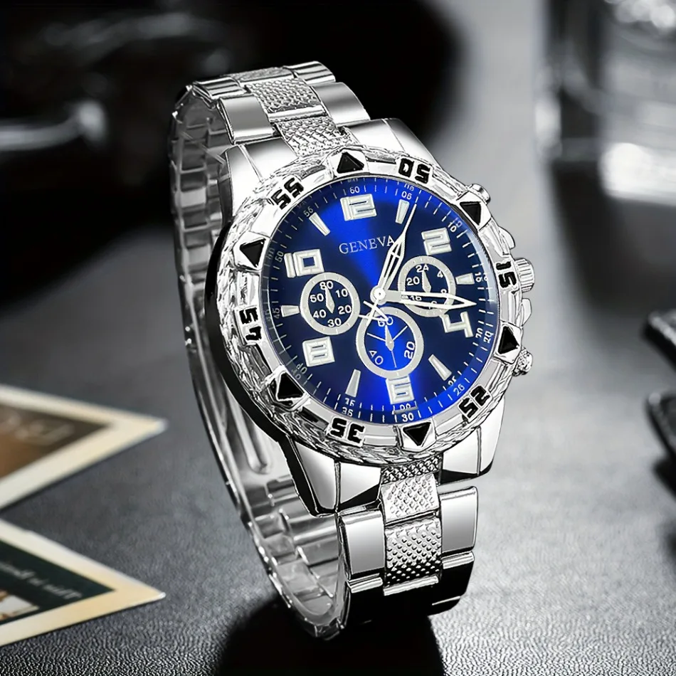 Business Men's Casual Quartz Watches Sets Analog Golden & Silvery Alloy Strap Classic Mens Wrist Watch Sets, Gifts for Men.