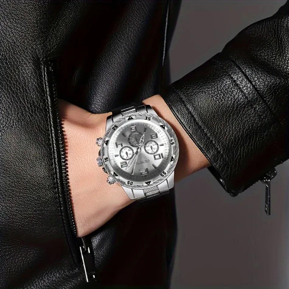 Business Men's Casual Quartz Watches Sets Analog Golden & Silvery Alloy Strap Classic Mens Wrist Watch Sets, Gifts for Men.