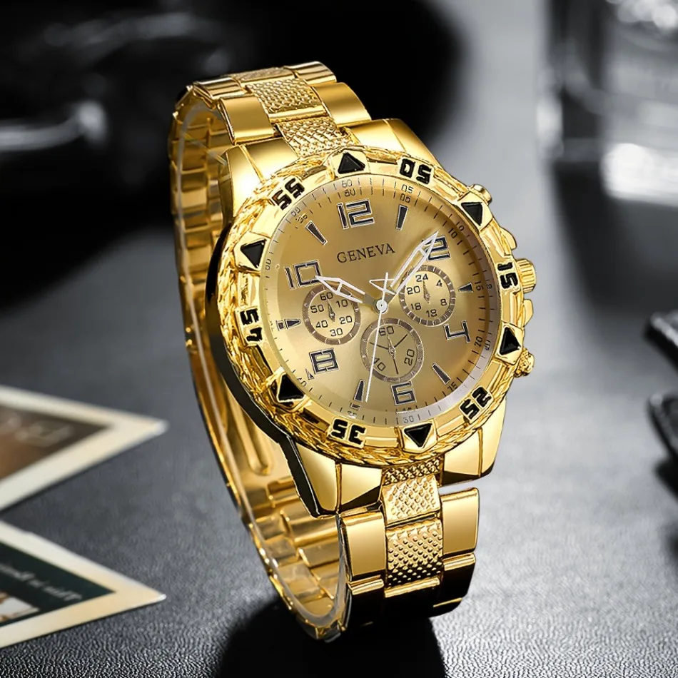 Business Men's Casual Quartz Watches Sets Analog Golden & Silvery Alloy Strap Classic Mens Wrist Watch Sets, Gifts for Men.