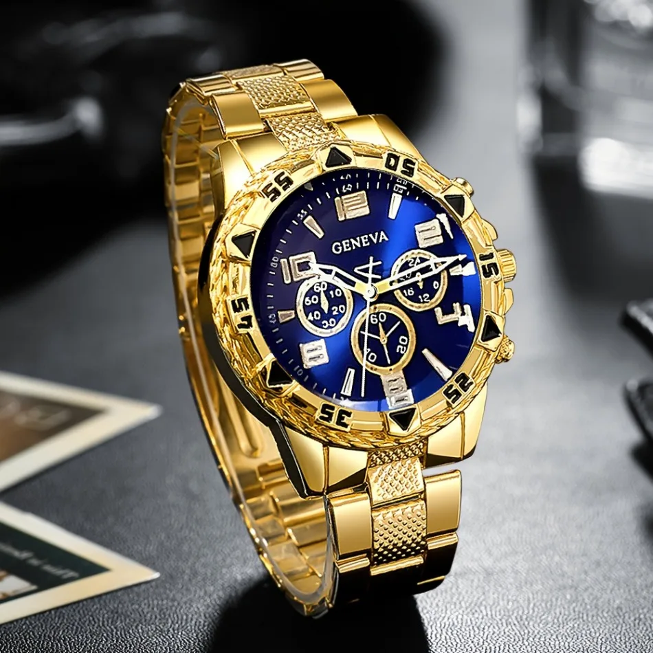 Business Men's Casual Quartz Watches Sets Analog Golden & Silvery Alloy Strap Classic Mens Wrist Watch Sets, Gifts for Men.