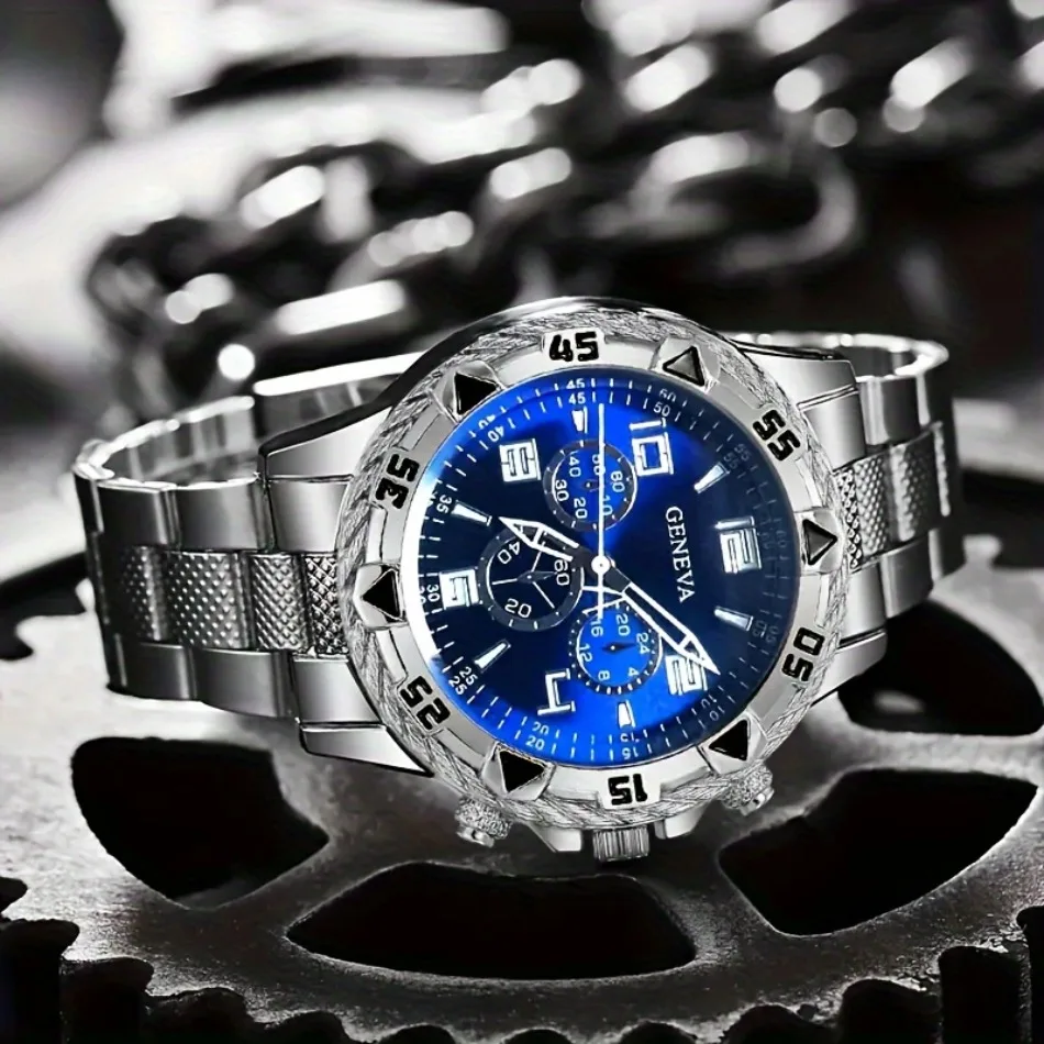 Business Men's Casual Quartz Watches Sets Analog Golden & Silvery Alloy Strap Classic Mens Wrist Watch Sets, Gifts for Men.