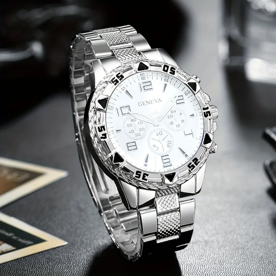 Business Men's Casual Quartz Watches Sets Analog Golden & Silvery Alloy Strap Classic Mens Wrist Watch Sets, Gifts for Men.