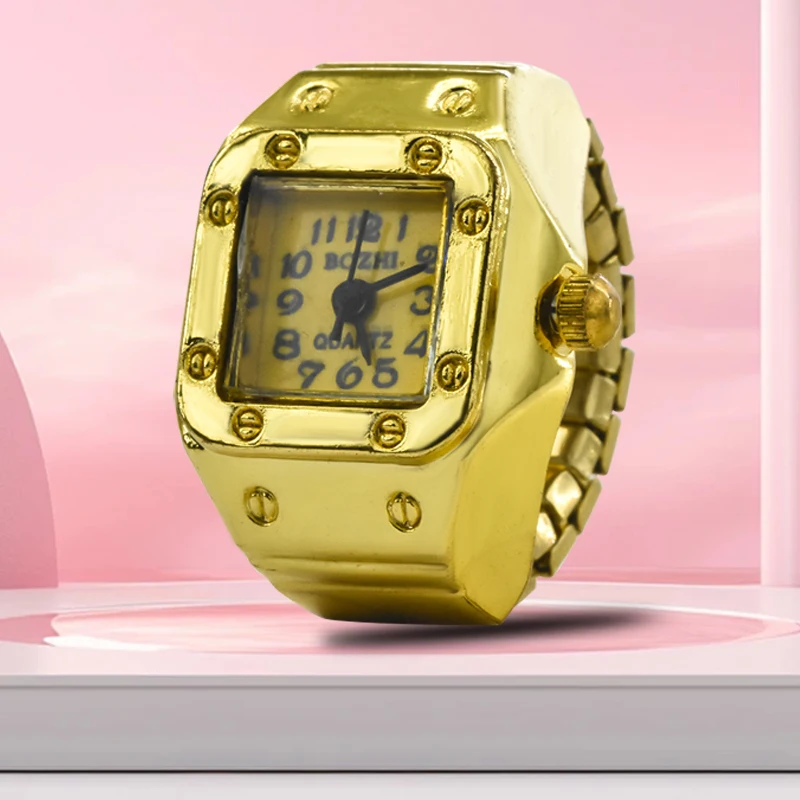 The New Best-Selling Ring Watch Features A Creative Golden Alloy Case With A Finger Square Dial For Couples And Men
