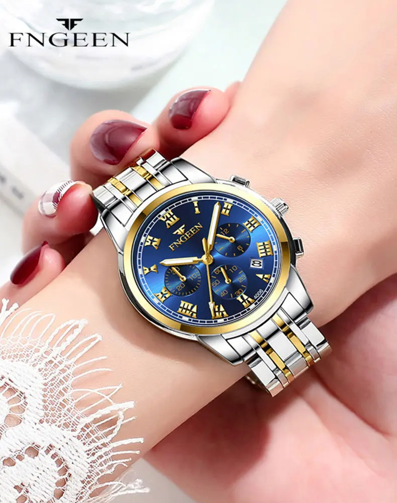 BINBOND 2pcs/Set Couple Watches Fashion Roman Scale Dial Men Ladies Quartz Watch Waterproof Stainless Steel Watch Valentine Gift