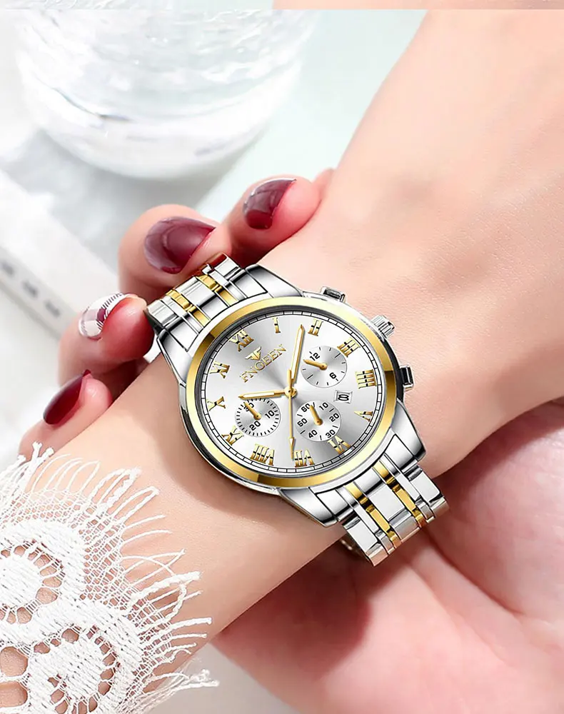 BINBOND 2pcs/Set Couple Watches Fashion Roman Scale Dial Men Ladies Quartz Watch Waterproof Stainless Steel Watch Valentine Gift
