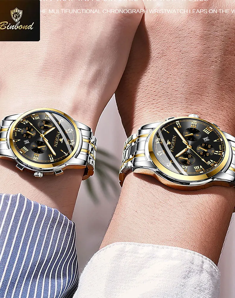 BINBOND 2pcs/Set Couple Watches Fashion Roman Scale Dial Men Ladies Quartz Watch Waterproof Stainless Steel Watch Valentine Gift