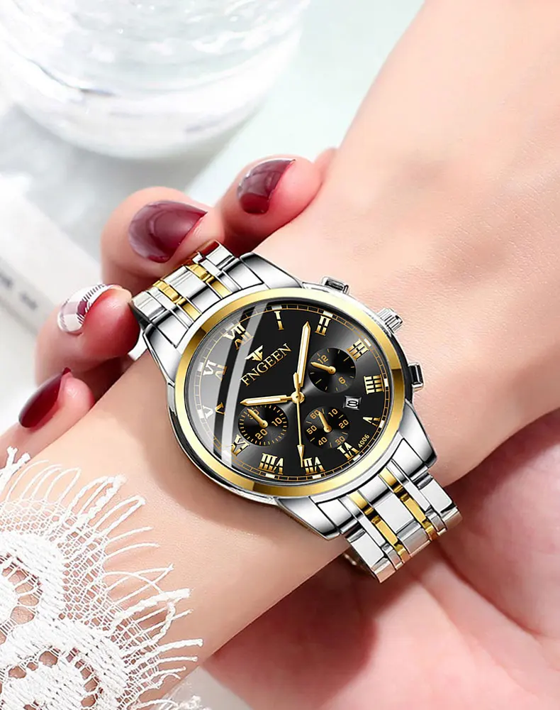 BINBOND 2pcs/Set Couple Watches Fashion Roman Scale Dial Men Ladies Quartz Watch Waterproof Stainless Steel Watch Valentine Gift