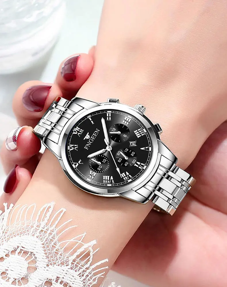 BINBOND 2pcs/Set Couple Watches Fashion Roman Scale Dial Men Ladies Quartz Watch Waterproof Stainless Steel Watch Valentine Gift