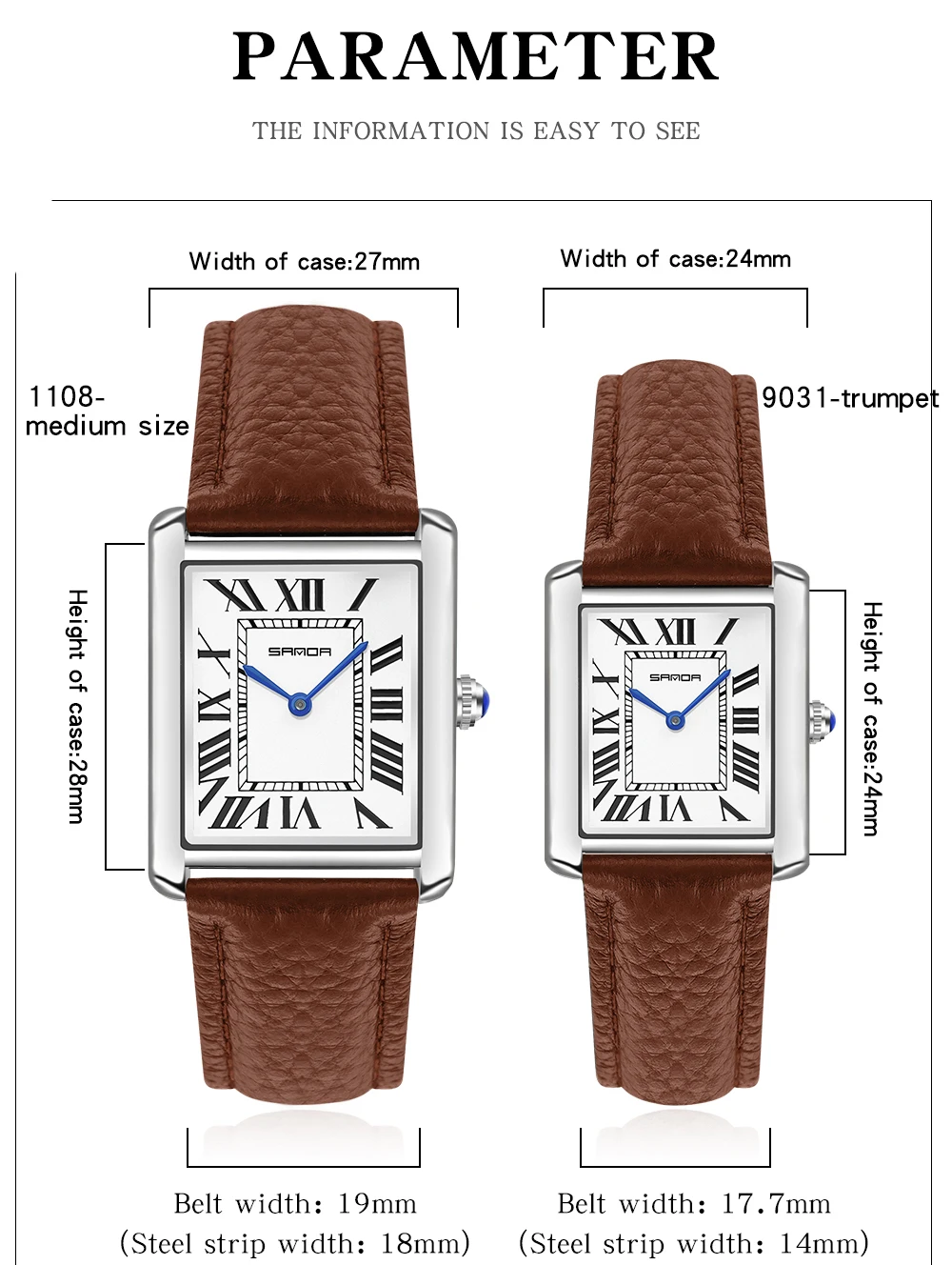 SANDA 1108/9031 Quartz Watch Roman Numeral Stainless Steel Leather Watch Band Brief Lovers Waterproof Watch Women's Watches