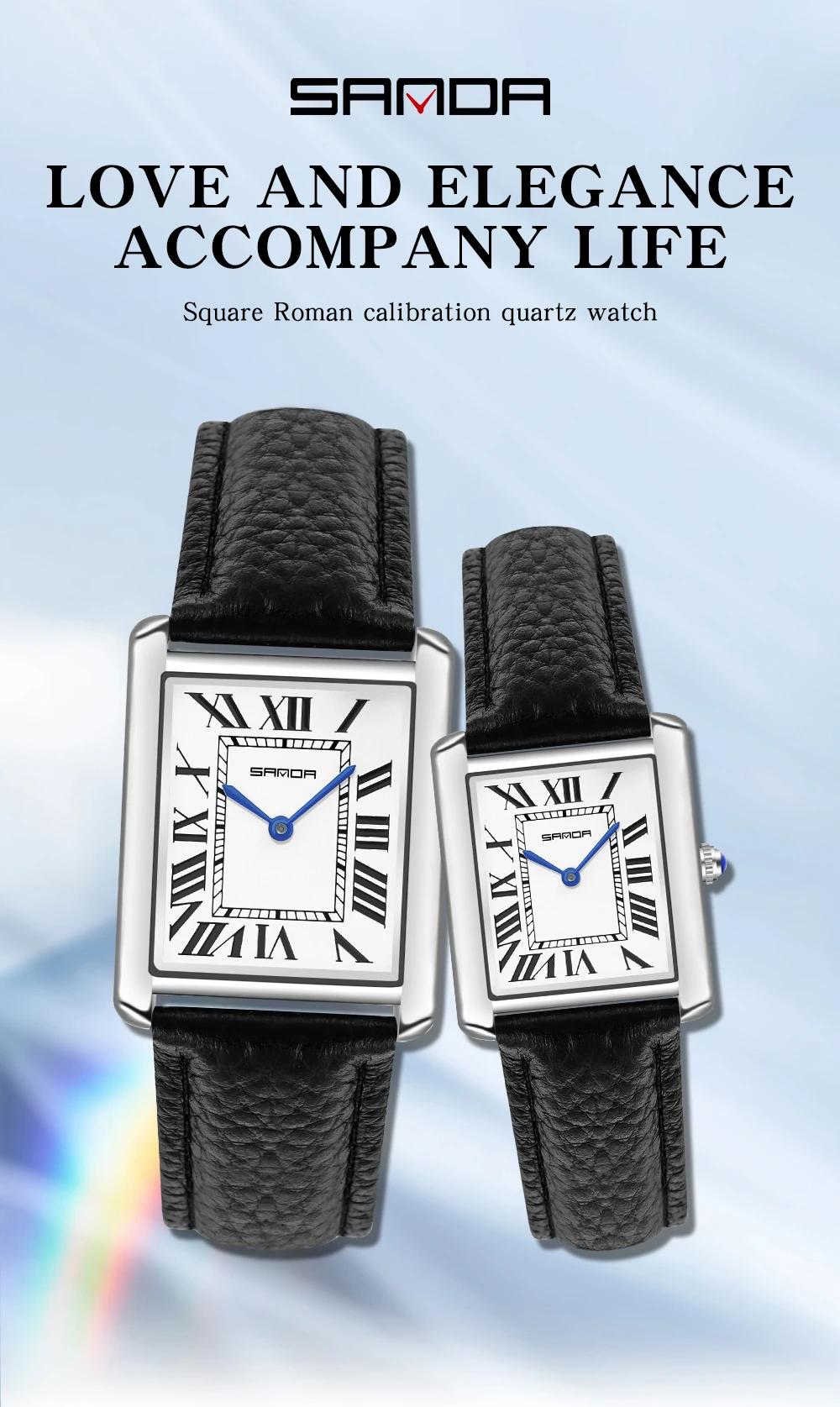 SANDA 1108/9031 Quartz Watch Roman Numeral Stainless Steel Leather Watch Band Brief Lovers Waterproof Watch Women's Watches