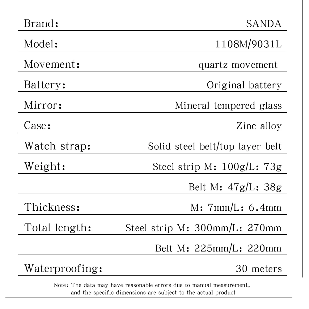 SANDA 1108/9031 Quartz Watch Roman Numeral Stainless Steel Leather Watch Band Brief Lovers Waterproof Watch Women's Watches