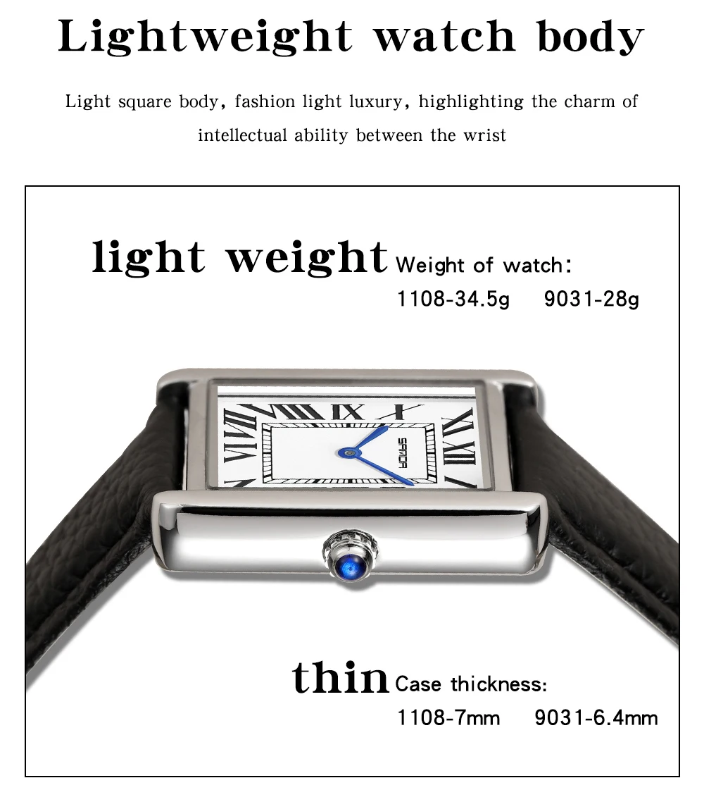 SANDA 1108/9031 Quartz Watch Roman Numeral Stainless Steel Leather Watch Band Brief Lovers Waterproof Watch Women's Watches