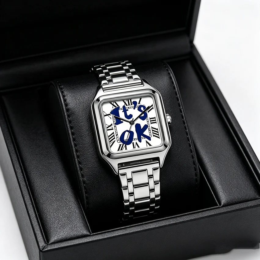 Ladies' Men Square Luxury Watch, Slogan Text on the Large Dial, 30-Meter Water Resistance, Elegant Design, Stainless Steel Strap