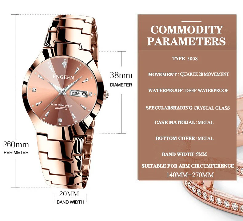 BINBOND Luxury Quartz Watches For Couple Luminous Waterproof Week Display Auto Date Stainless Steel Watch Casual Reloj